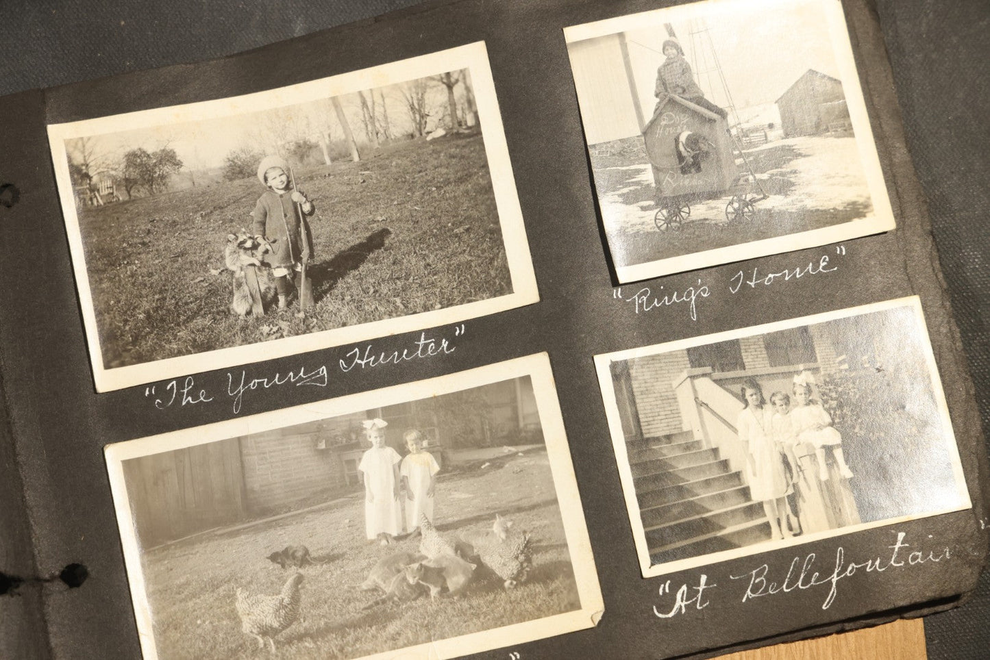 Antique Snapshot Album, Circa 1915-1920, 75+ Photographs with Handwritten Captions Including Horses, Farm Animals, Horse-Drawn Carts, Early Automobiles, Hunting Scenes, and Sailor with Eyeglass