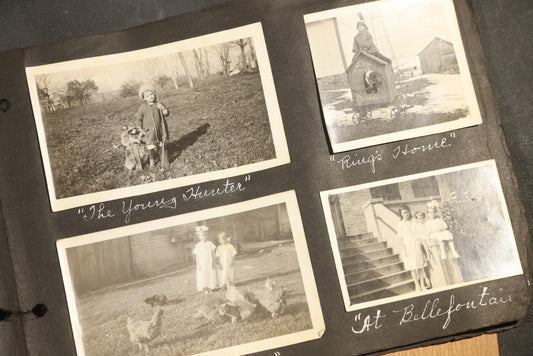 Antique Snapshot Album, Circa 1915-1920, 75+ Photographs with Handwritten Captions Including Horses, Farm Animals, Horse-Drawn Carts, Early Automobiles, Hunting Scenes, and Sailor with Eyeglass