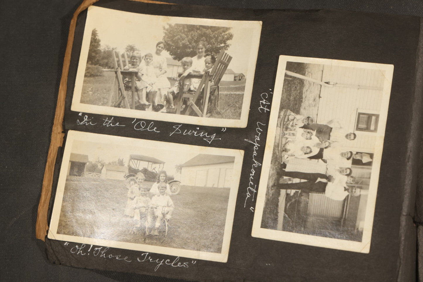 Antique Snapshot Album, Circa 1915-1920, 75+ Photographs with Handwritten Captions Including Horses, Farm Animals, Horse-Drawn Carts, Early Automobiles, Hunting Scenes, and Sailor with Eyeglass