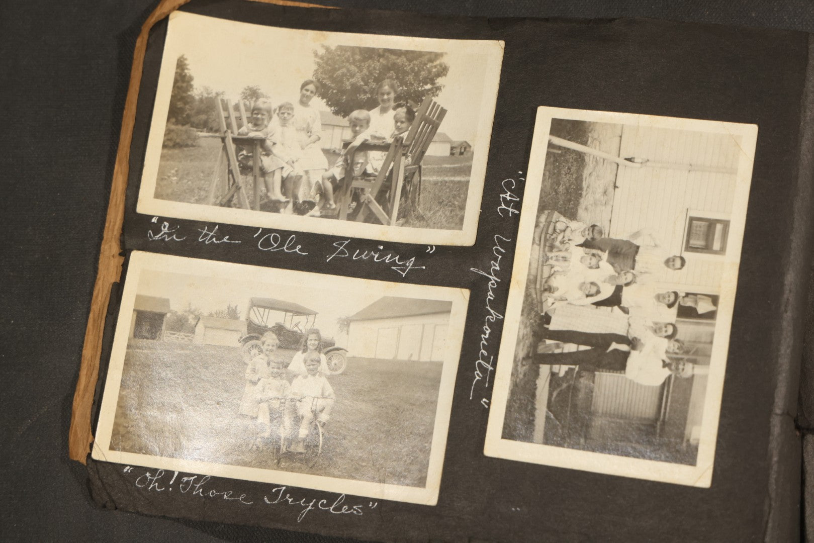 Antique Snapshot Album, Circa 1915-1920, 75+ Photographs with Handwritten Captions Including Horses, Farm Animals, Horse-Drawn Carts, Early Automobiles, Hunting Scenes, and Sailor with Eyeglass