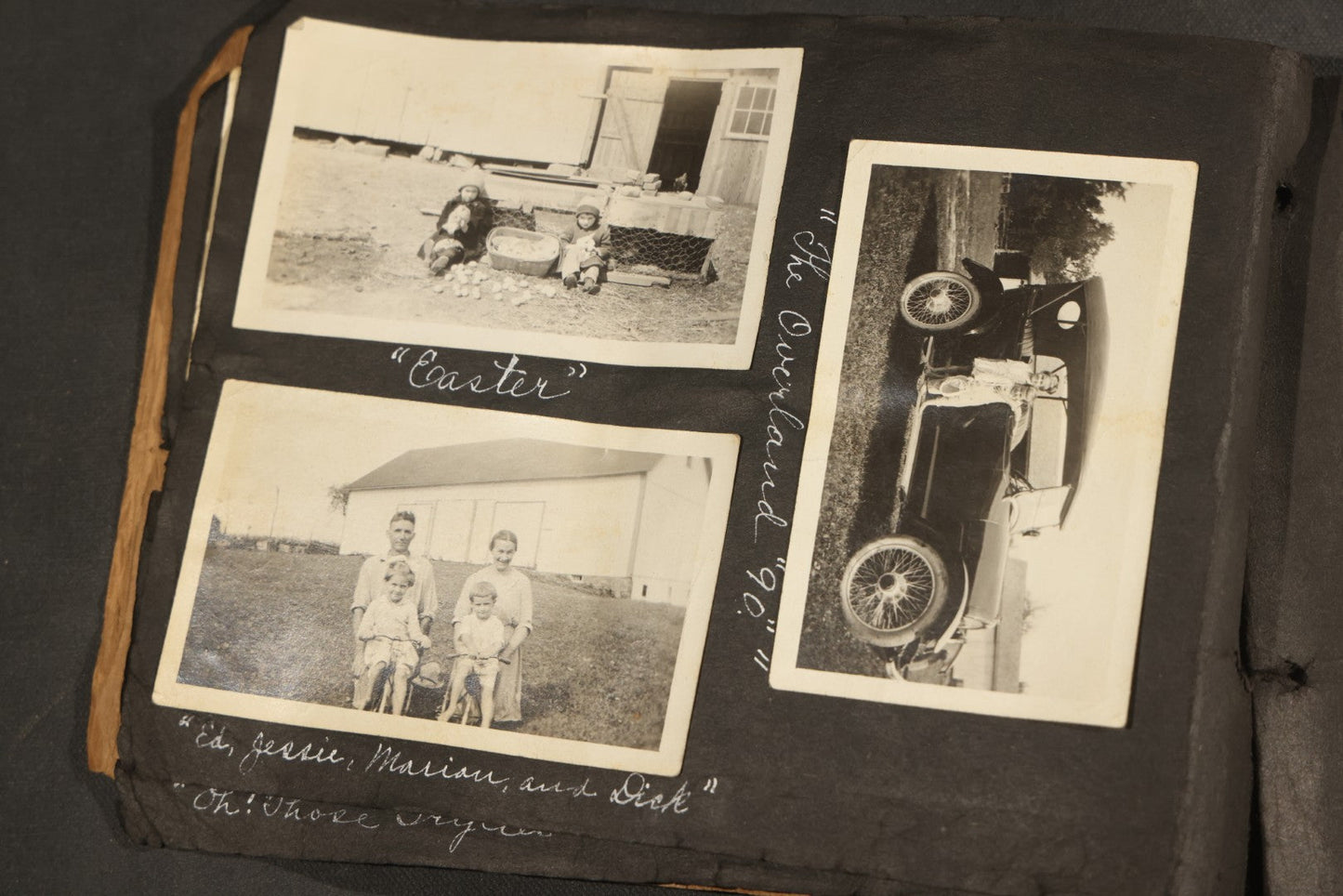Antique Snapshot Album, Circa 1915-1920, 75+ Photographs with Handwritten Captions Including Horses, Farm Animals, Horse-Drawn Carts, Early Automobiles, Hunting Scenes, and Sailor with Eyeglass