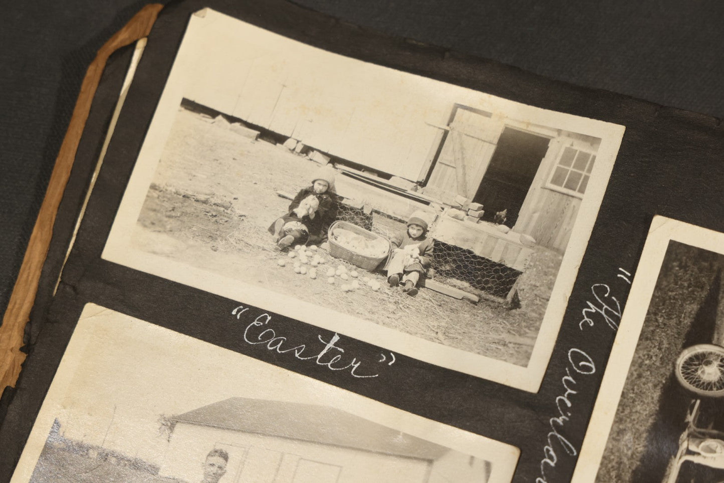 Antique Snapshot Album, Circa 1915-1920, 75+ Photographs with Handwritten Captions Including Horses, Farm Animals, Horse-Drawn Carts, Early Automobiles, Hunting Scenes, and Sailor with Eyeglass