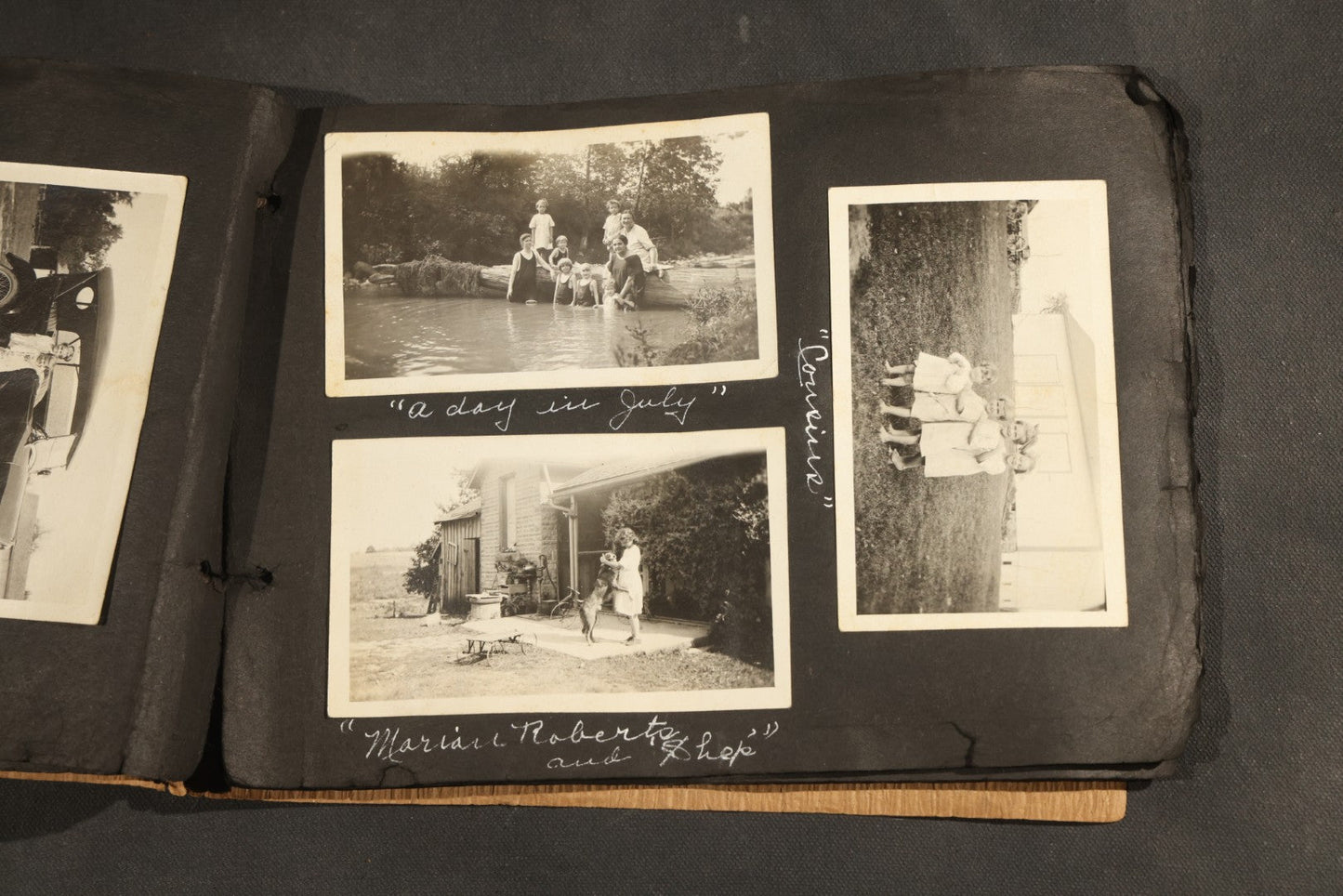 Antique Snapshot Album, Circa 1915-1920, 75+ Photographs with Handwritten Captions Including Horses, Farm Animals, Horse-Drawn Carts, Early Automobiles, Hunting Scenes, and Sailor with Eyeglass
