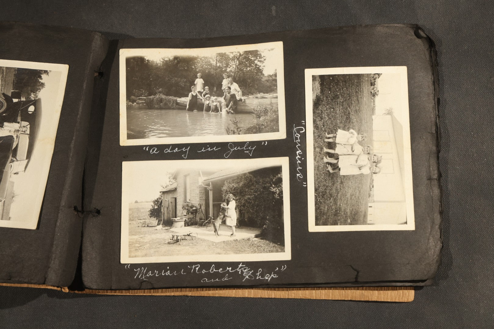 Antique Snapshot Album, Circa 1915-1920, 75+ Photographs with Handwritten Captions Including Horses, Farm Animals, Horse-Drawn Carts, Early Automobiles, Hunting Scenes, and Sailor with Eyeglass