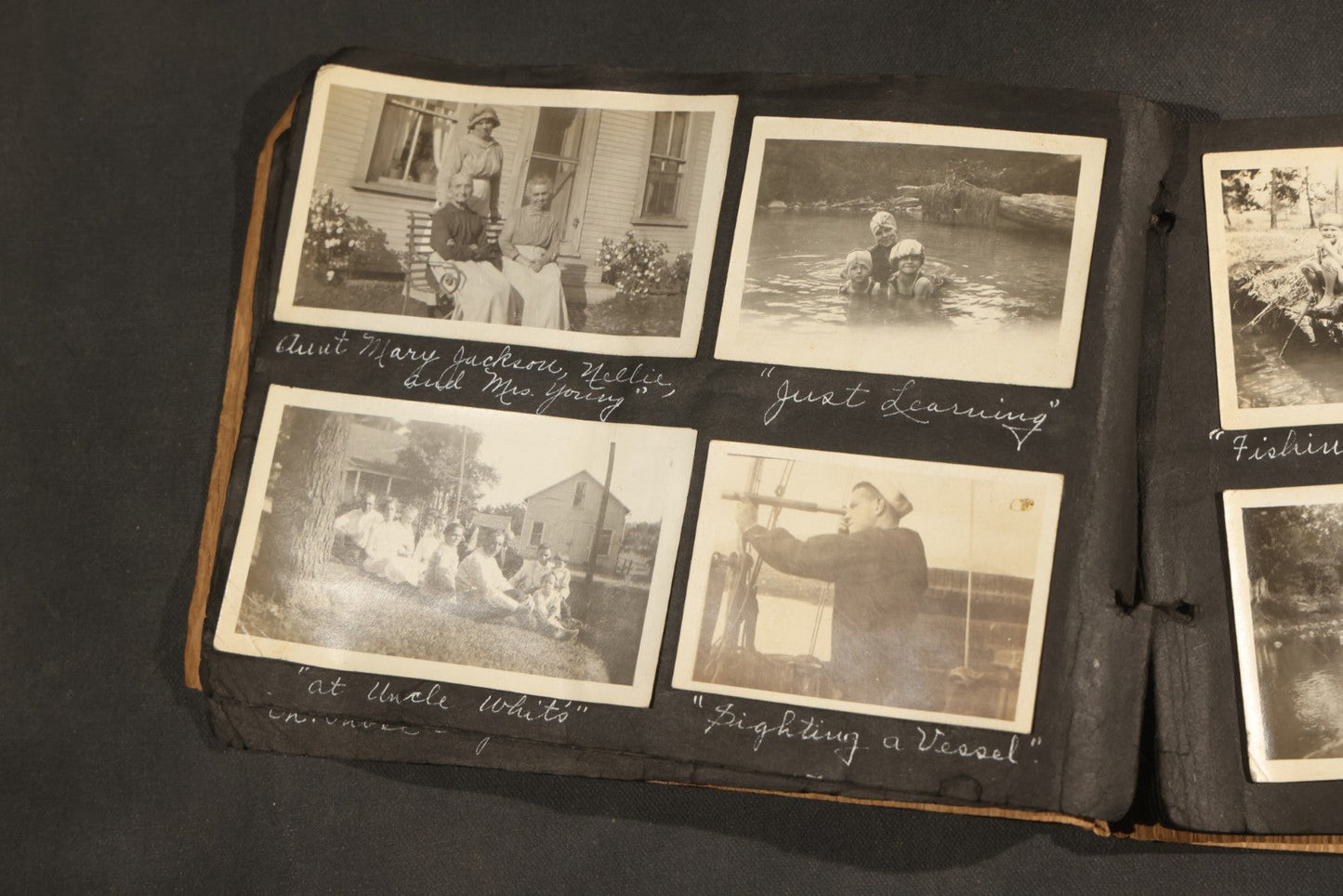 Antique Snapshot Album, Circa 1915-1920, 75+ Photographs with Handwritten Captions Including Horses, Farm Animals, Horse-Drawn Carts, Early Automobiles, Hunting Scenes, and Sailor with Eyeglass