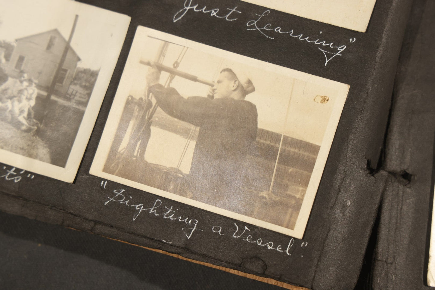 Antique Snapshot Album, Circa 1915-1920, 75+ Photographs with Handwritten Captions Including Horses, Farm Animals, Horse-Drawn Carts, Early Automobiles, Hunting Scenes, and Sailor with Eyeglass