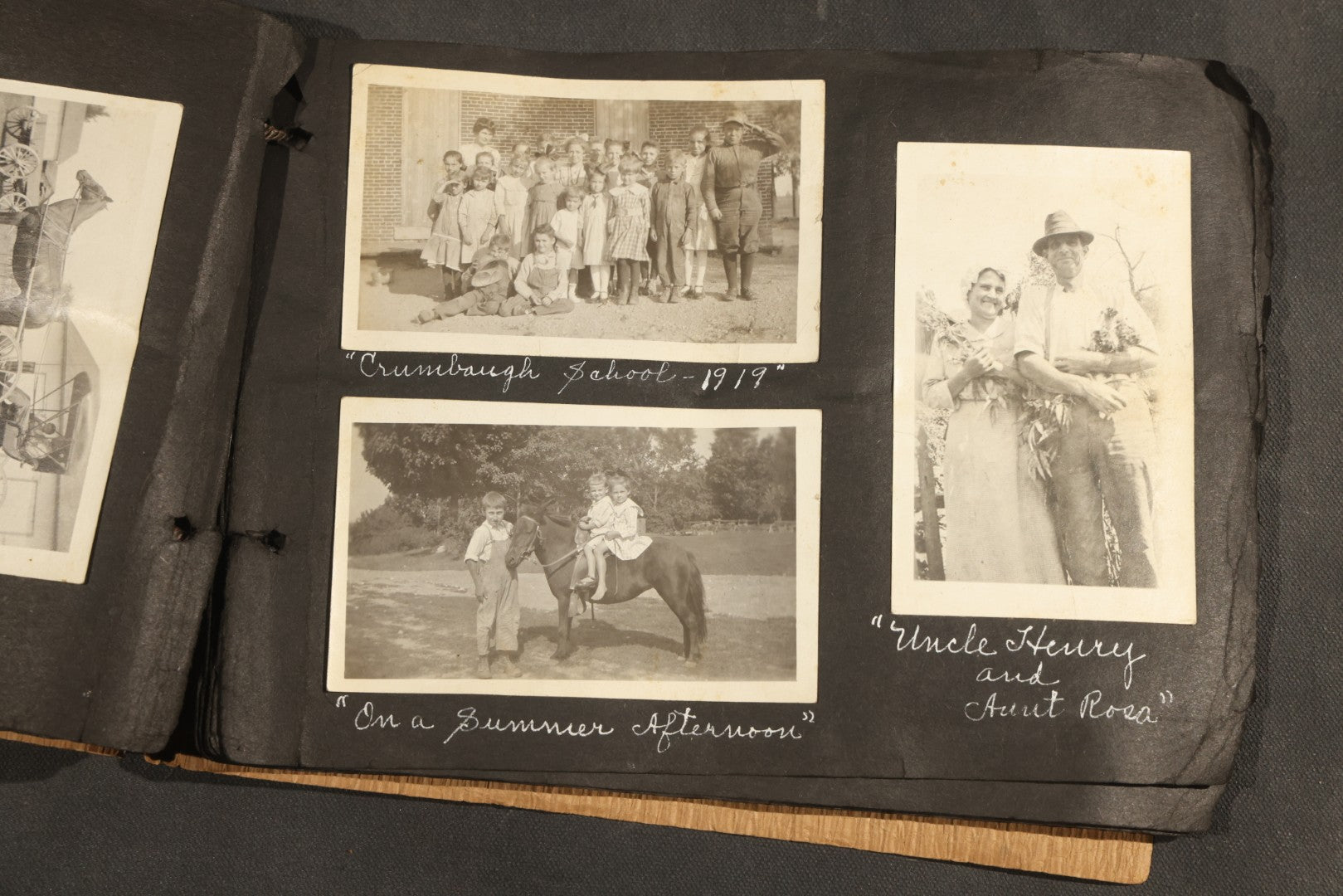 Antique Snapshot Album, Circa 1915-1920, 75+ Photographs with Handwritten Captions Including Horses, Farm Animals, Horse-Drawn Carts, Early Automobiles, Hunting Scenes, and Sailor with Eyeglass