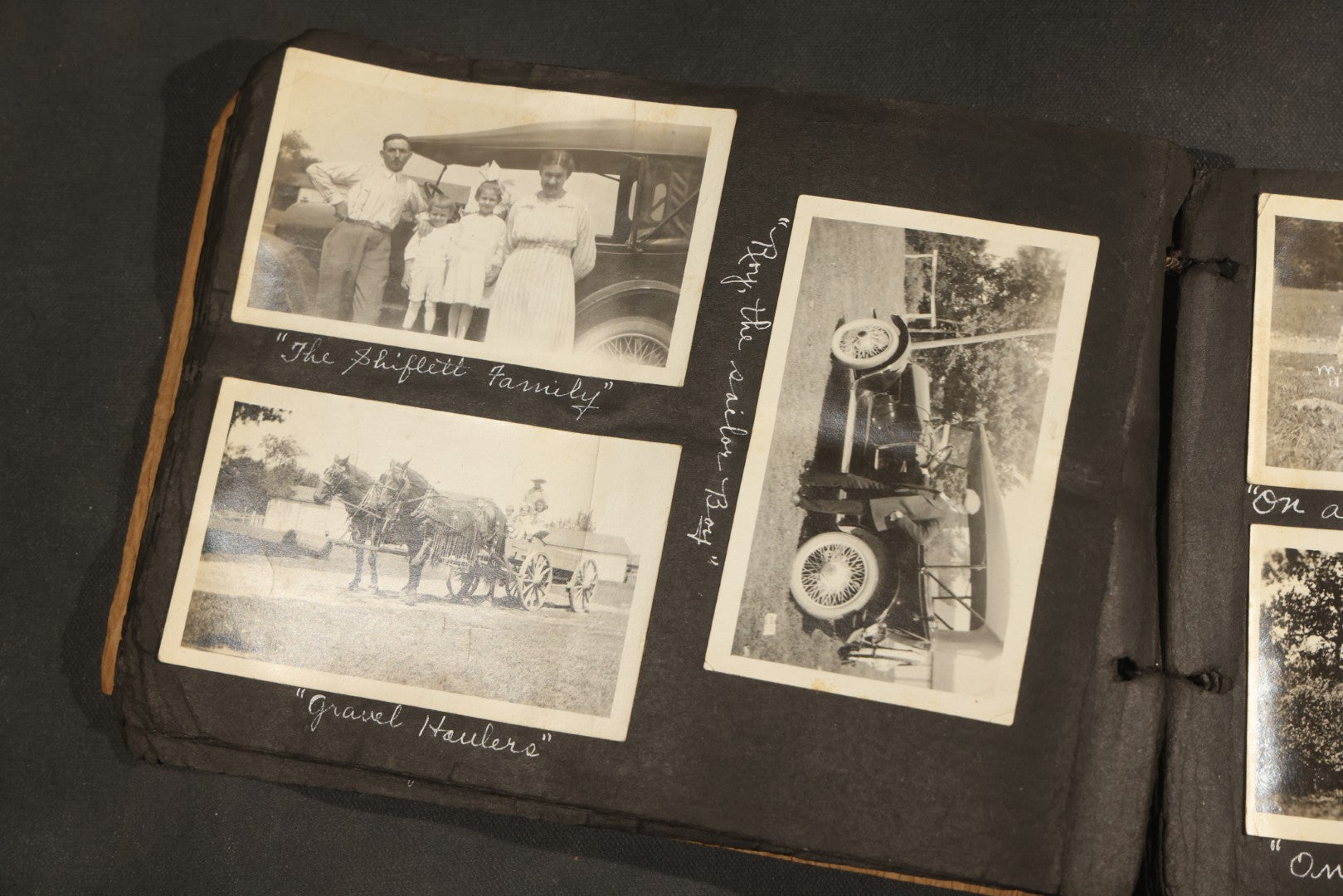 Antique Snapshot Album, Circa 1915-1920, 75+ Photographs with Handwritten Captions Including Horses, Farm Animals, Horse-Drawn Carts, Early Automobiles, Hunting Scenes, and Sailor with Eyeglass