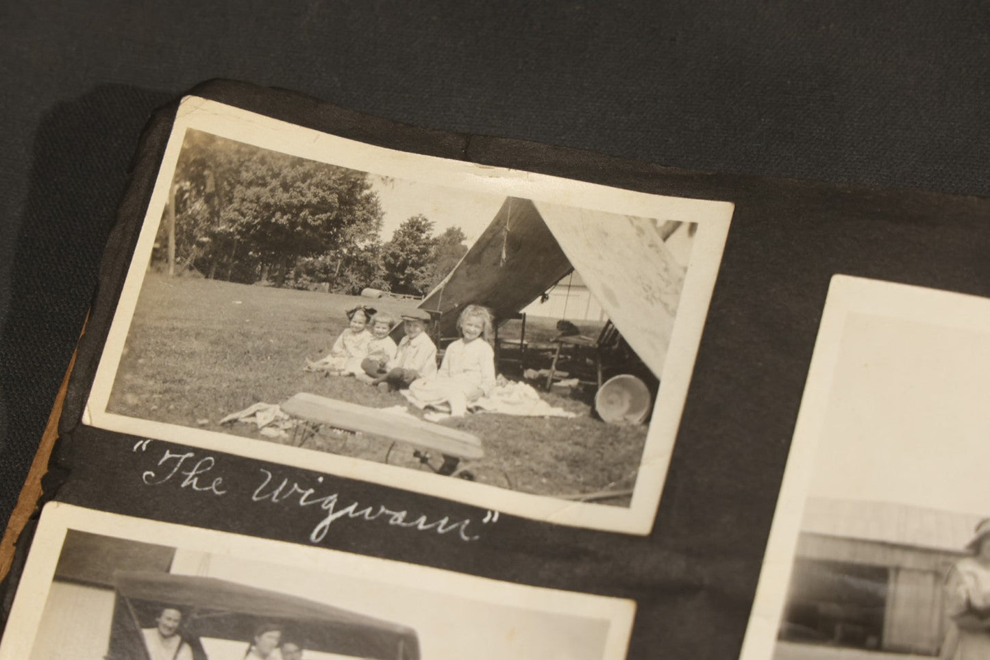 Antique Snapshot Album, Circa 1915-1920, 75+ Photographs with Handwritten Captions Including Horses, Farm Animals, Horse-Drawn Carts, Early Automobiles, Hunting Scenes, and Sailor with Eyeglass