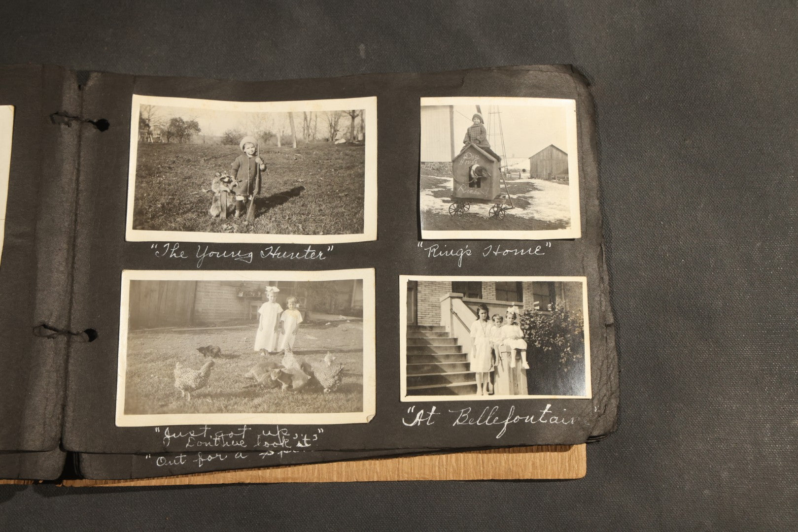 Antique Snapshot Album, Circa 1915-1920, 75+ Photographs with Handwritten Captions Including Horses, Farm Animals, Horse-Drawn Carts, Early Automobiles, Hunting Scenes, and Sailor with Eyeglass