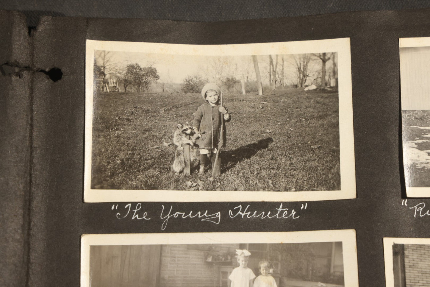 Antique Snapshot Album, Circa 1915-1920, 75+ Photographs with Handwritten Captions Including Horses, Farm Animals, Horse-Drawn Carts, Early Automobiles, Hunting Scenes, and Sailor with Eyeglass
