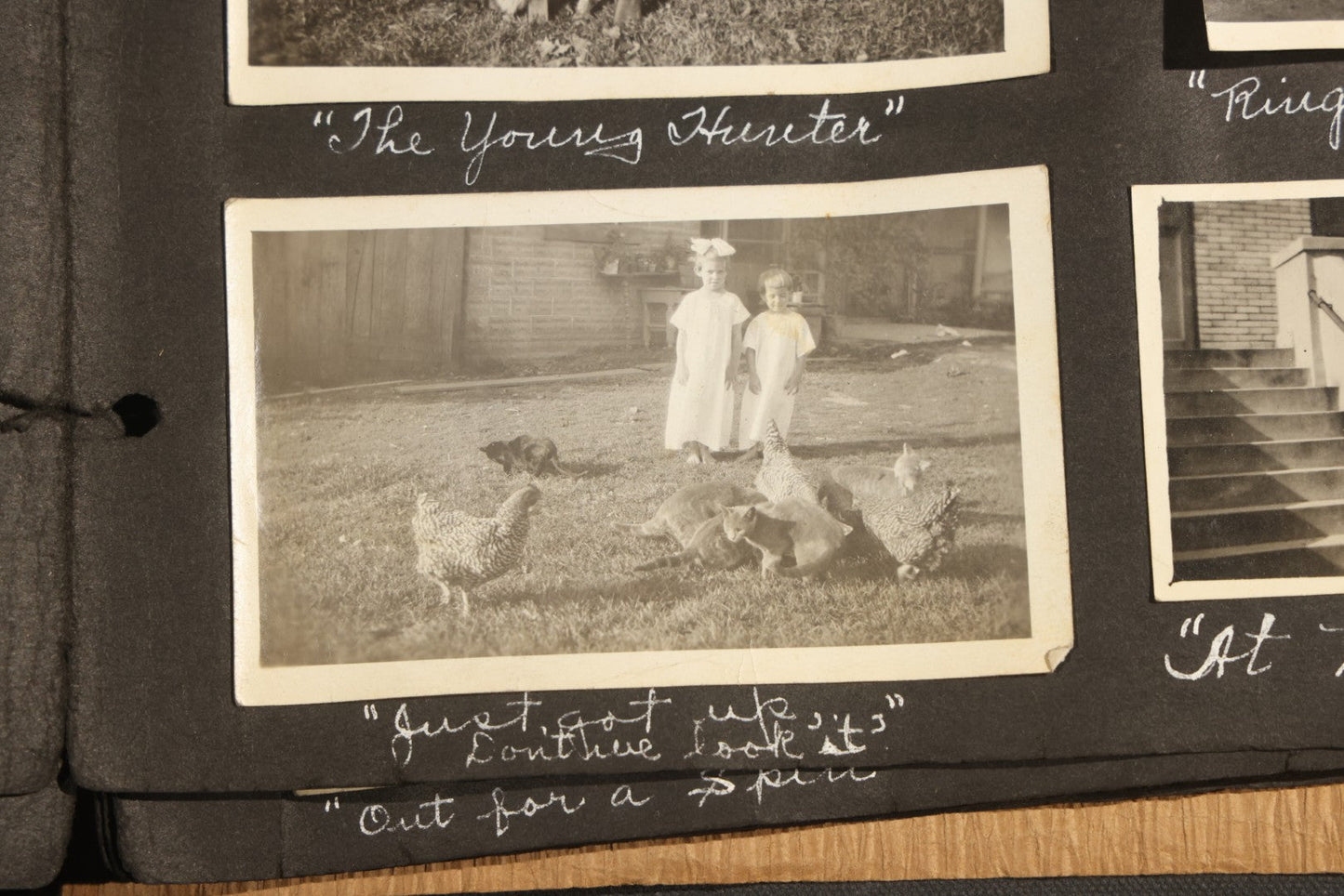 Antique Snapshot Album, Circa 1915-1920, 75+ Photographs with Handwritten Captions Including Horses, Farm Animals, Horse-Drawn Carts, Early Automobiles, Hunting Scenes, and Sailor with Eyeglass