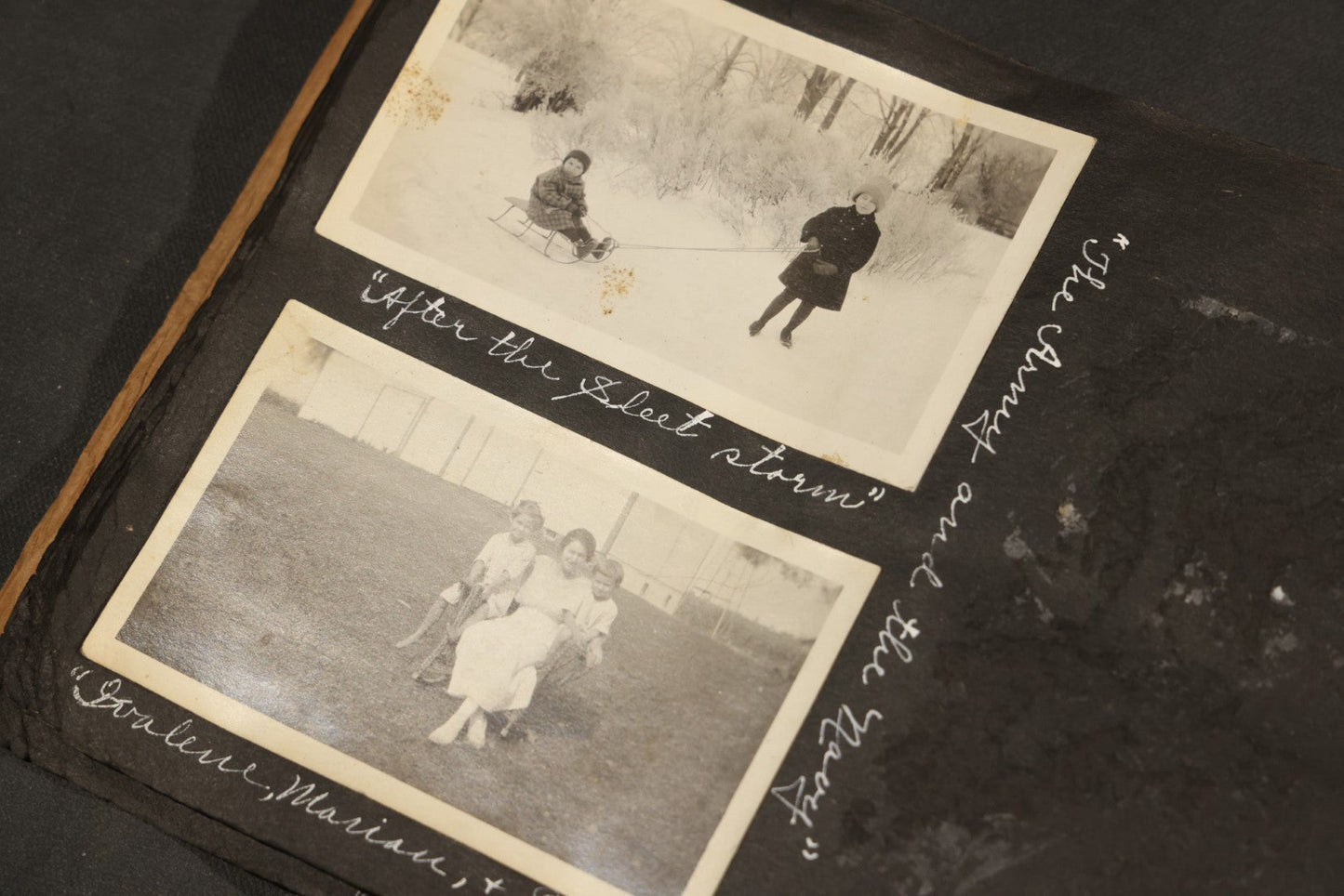 Antique Snapshot Album, Circa 1915-1920, 75+ Photographs with Handwritten Captions Including Horses, Farm Animals, Horse-Drawn Carts, Early Automobiles, Hunting Scenes, and Sailor with Eyeglass
