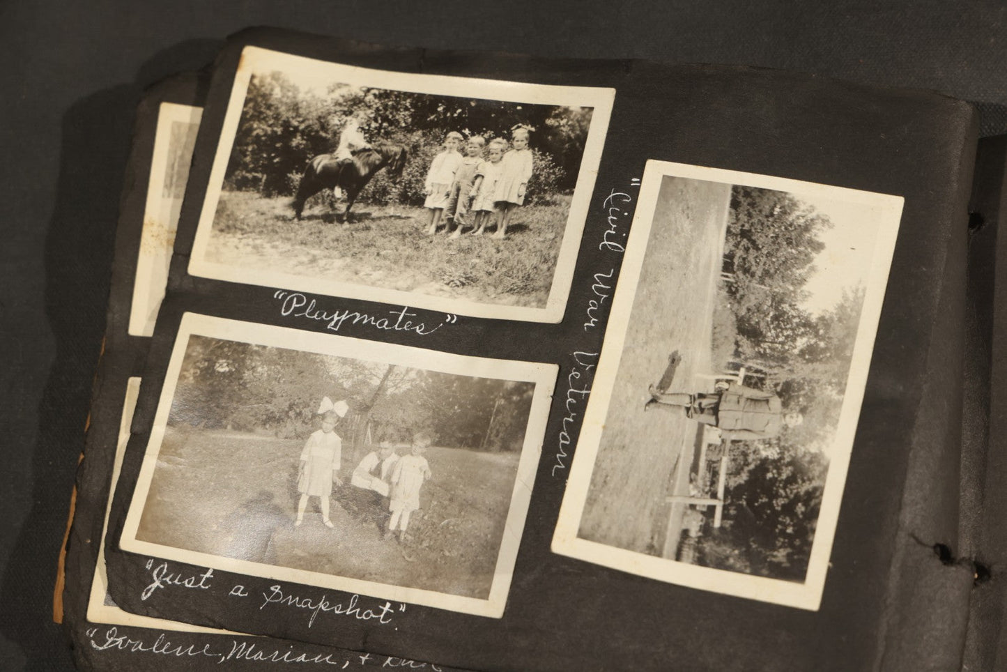 Antique Snapshot Album, Circa 1915-1920, 75+ Photographs with Handwritten Captions Including Horses, Farm Animals, Horse-Drawn Carts, Early Automobiles, Hunting Scenes, and Sailor with Eyeglass