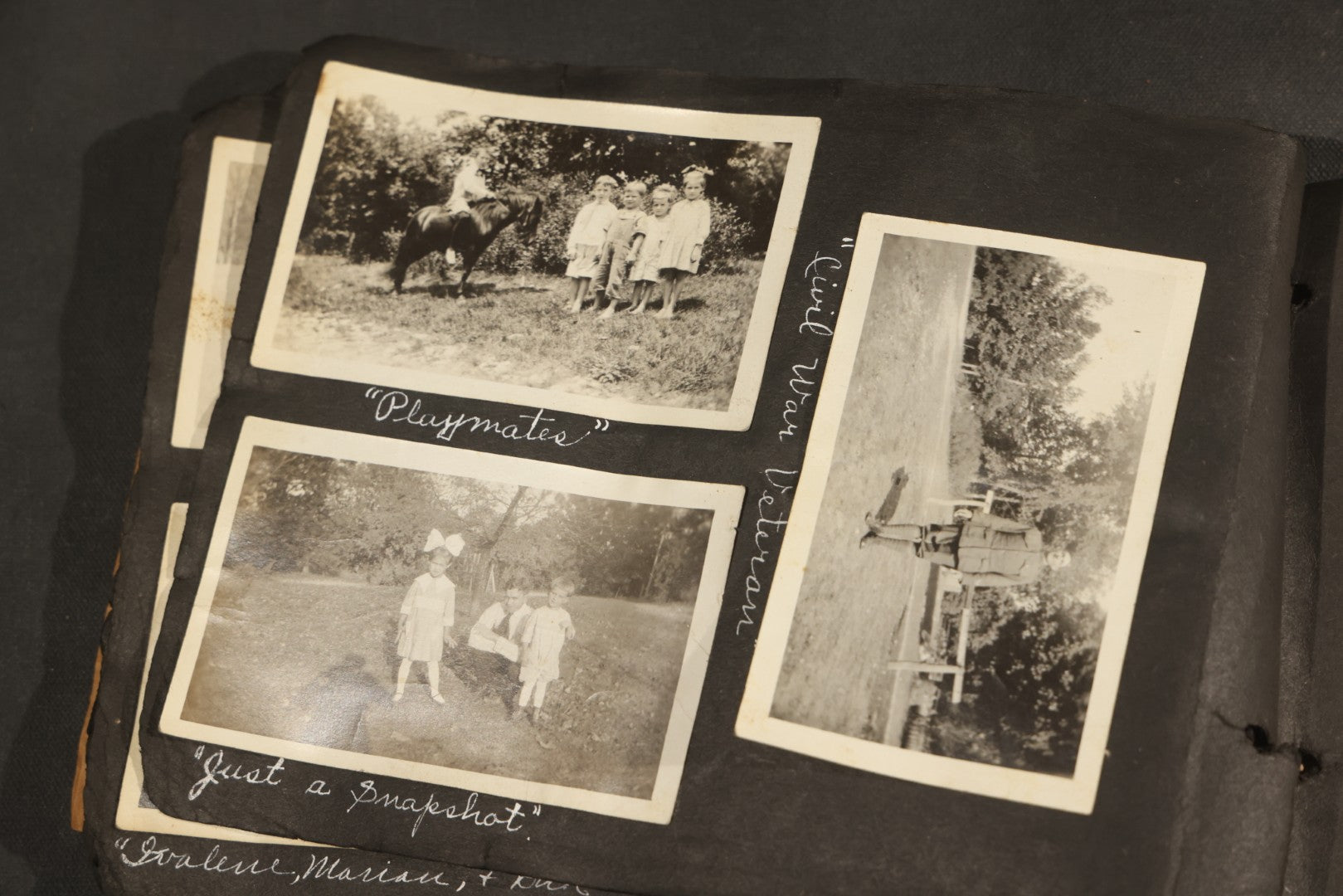 Antique Snapshot Album, Circa 1915-1920, 75+ Photographs with Handwritten Captions Including Horses, Farm Animals, Horse-Drawn Carts, Early Automobiles, Hunting Scenes, and Sailor with Eyeglass