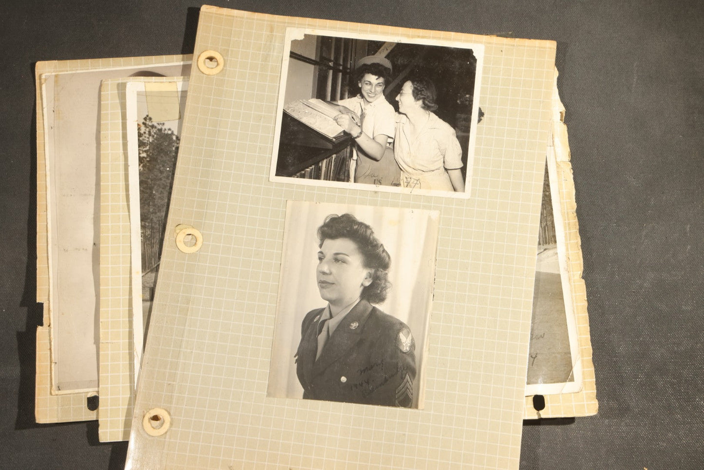 Vintage Grouping of 25+ World War II-Era Photographs in Plastic Overlay Album Pages, Mostly Depicting Staff Sergeant Mary Brelick, Bainbridge, Georgia and Bainbridge Army Air Field, Circa 1937-1944, with Reproduction Map