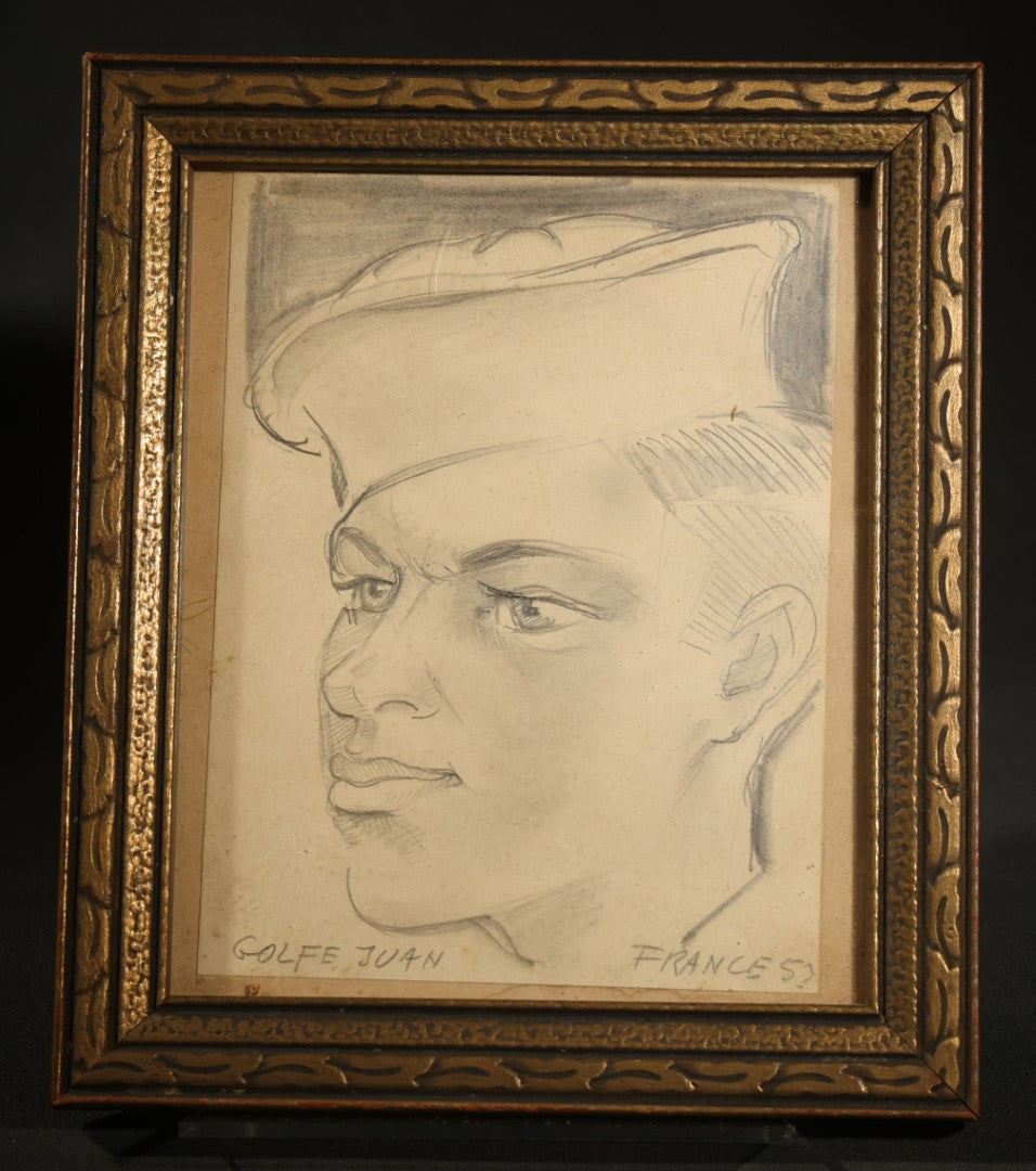 Vintage Framed Pencil Sketch, Portrait of a Sailor, Inscribed "Golfe Juan, France 53"