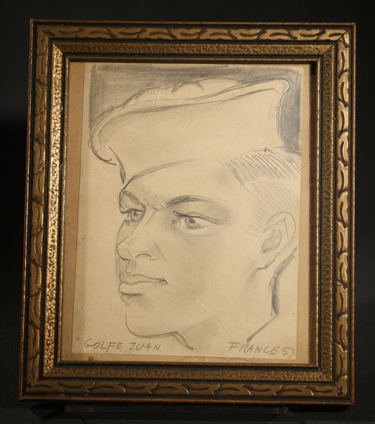 Vintage Framed Pencil Sketch, Portrait of a Sailor, Inscribed "Golfe Juan, France 53"