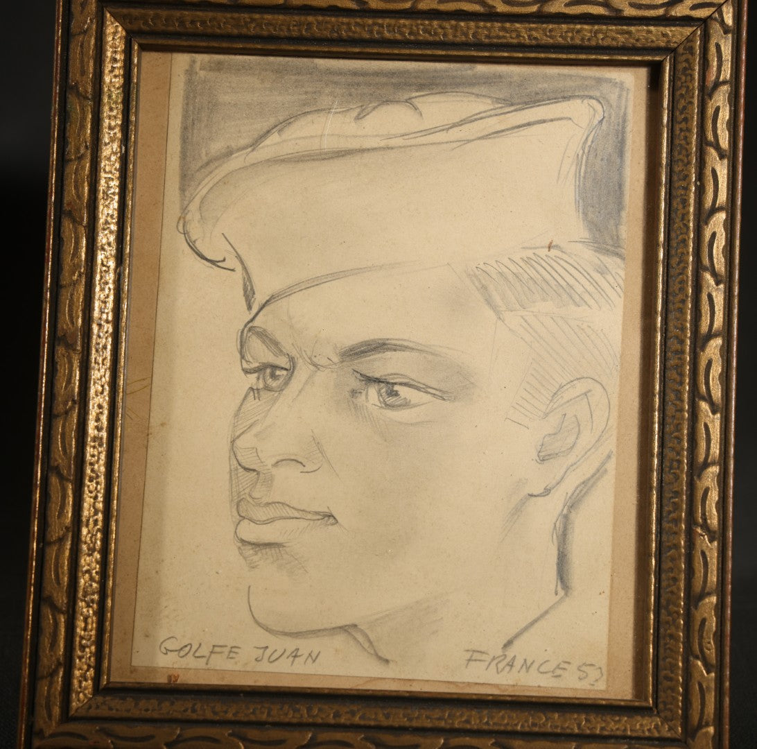 Vintage Framed Pencil Sketch, Portrait of a Sailor, Inscribed "Golfe Juan, France 53"