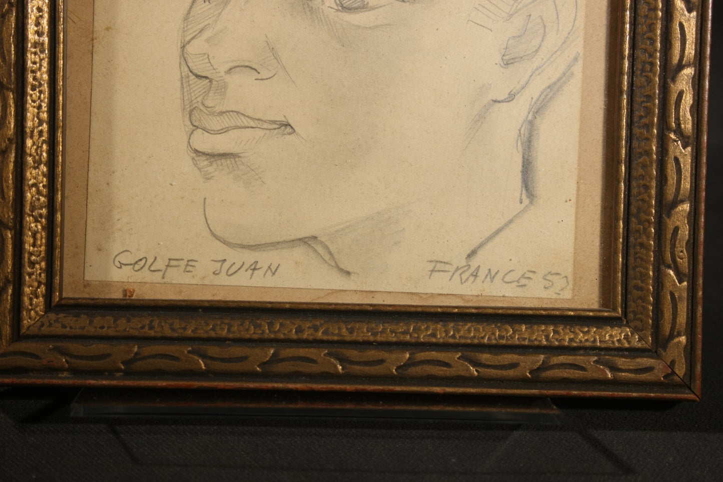 Vintage Framed Pencil Sketch, Portrait of a Sailor, Inscribed "Golfe Juan, France 53"