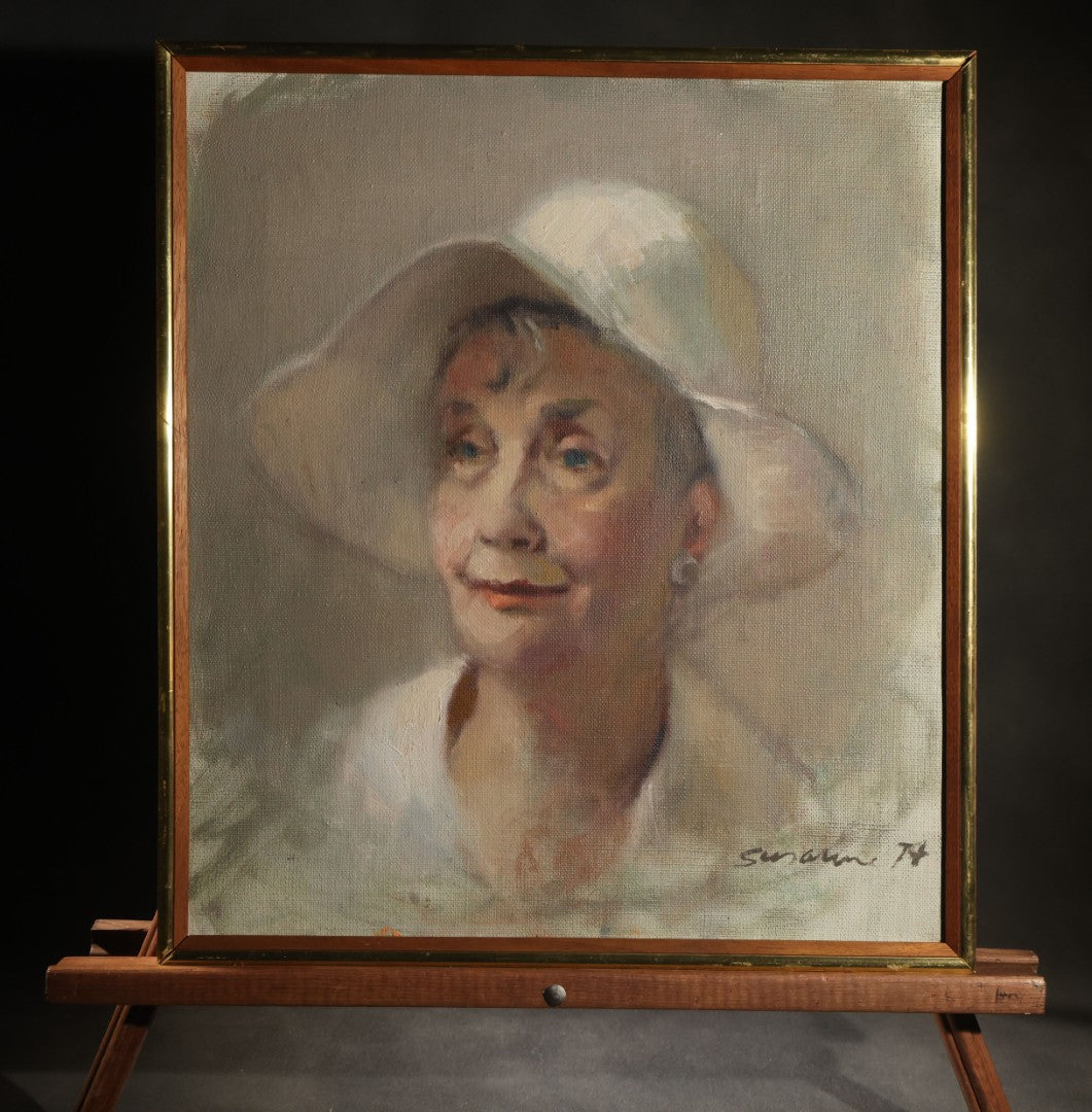 Vintage Oil Painting on Canvas, Portrait of an Elderly Woman in Wide-Brimmed Hat, Signed "Susanne" (Susanne Forestieri), Dated 1974, in Frame