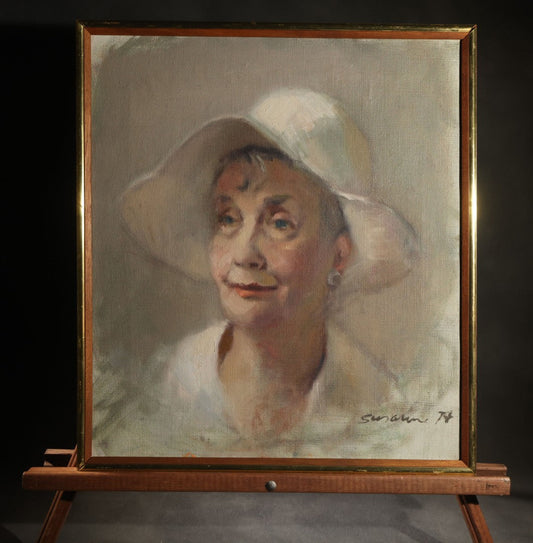 Vintage Oil Painting on Canvas, Portrait of an Elderly Woman in Wide-Brimmed Hat, Signed "Susanne" (Susanne Forestieri), Dated 1974, in Frame