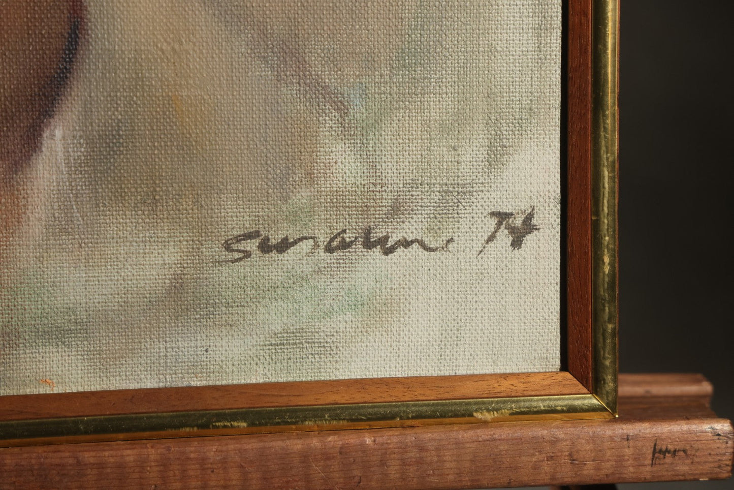 Vintage Oil Painting on Canvas, Portrait of an Elderly Woman in Wide-Brimmed Hat, Signed "Susanne" (Susanne Forestieri), Dated 1974, in Frame