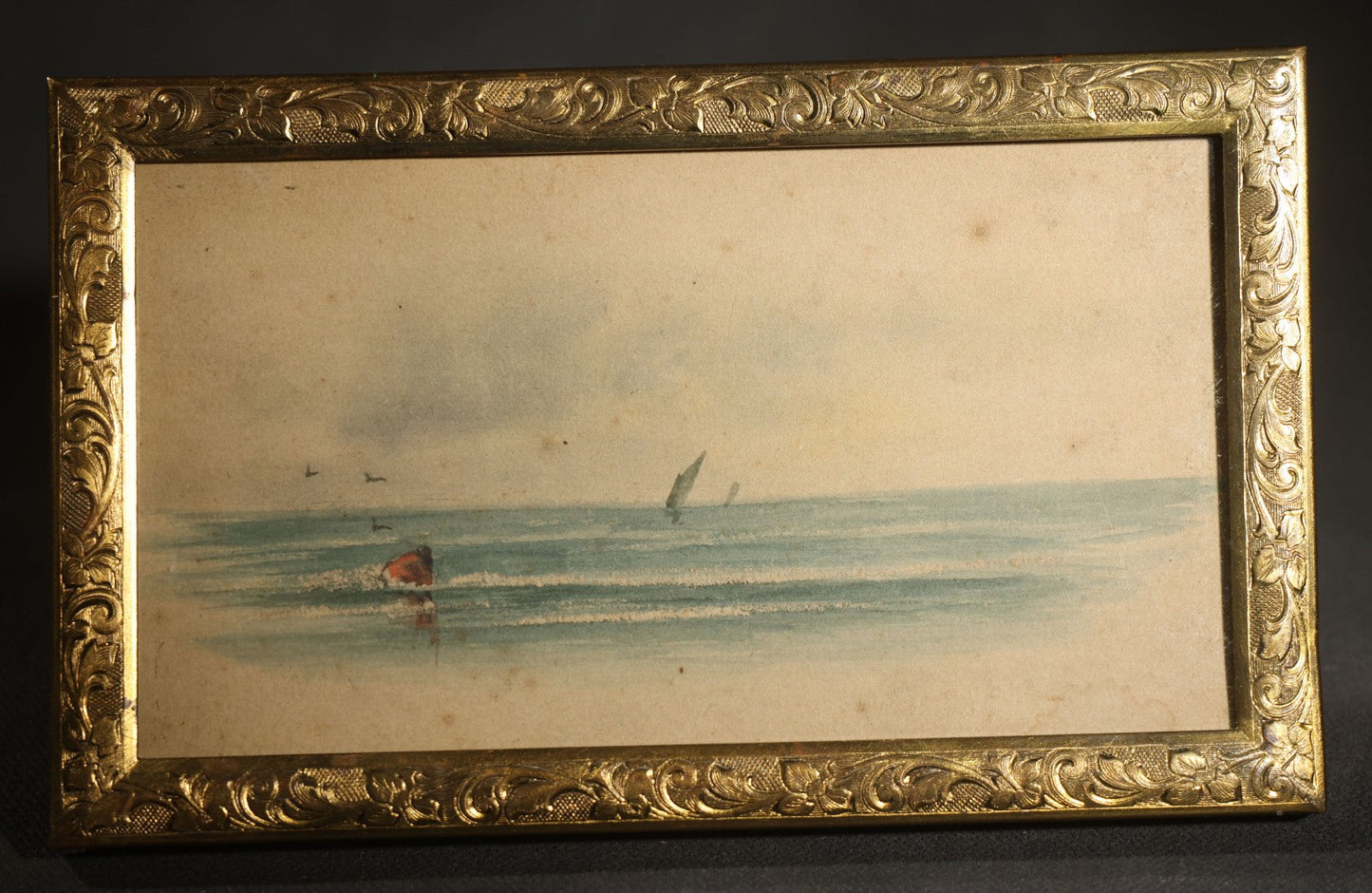 Antique Miniature Watercolor Painting on Paper, Coastal Seascape with Figures, Sailboat, and Shorebirds, in Gilt Easel Frame