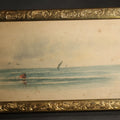 Lot 115 - Antique Miniature Watercolor Painting on Paper, Coastal Seascape with Figures, Sailboat, and Shorebirds, in Gilt Easel Frame, 5-1/2" W x 3-3/8" H