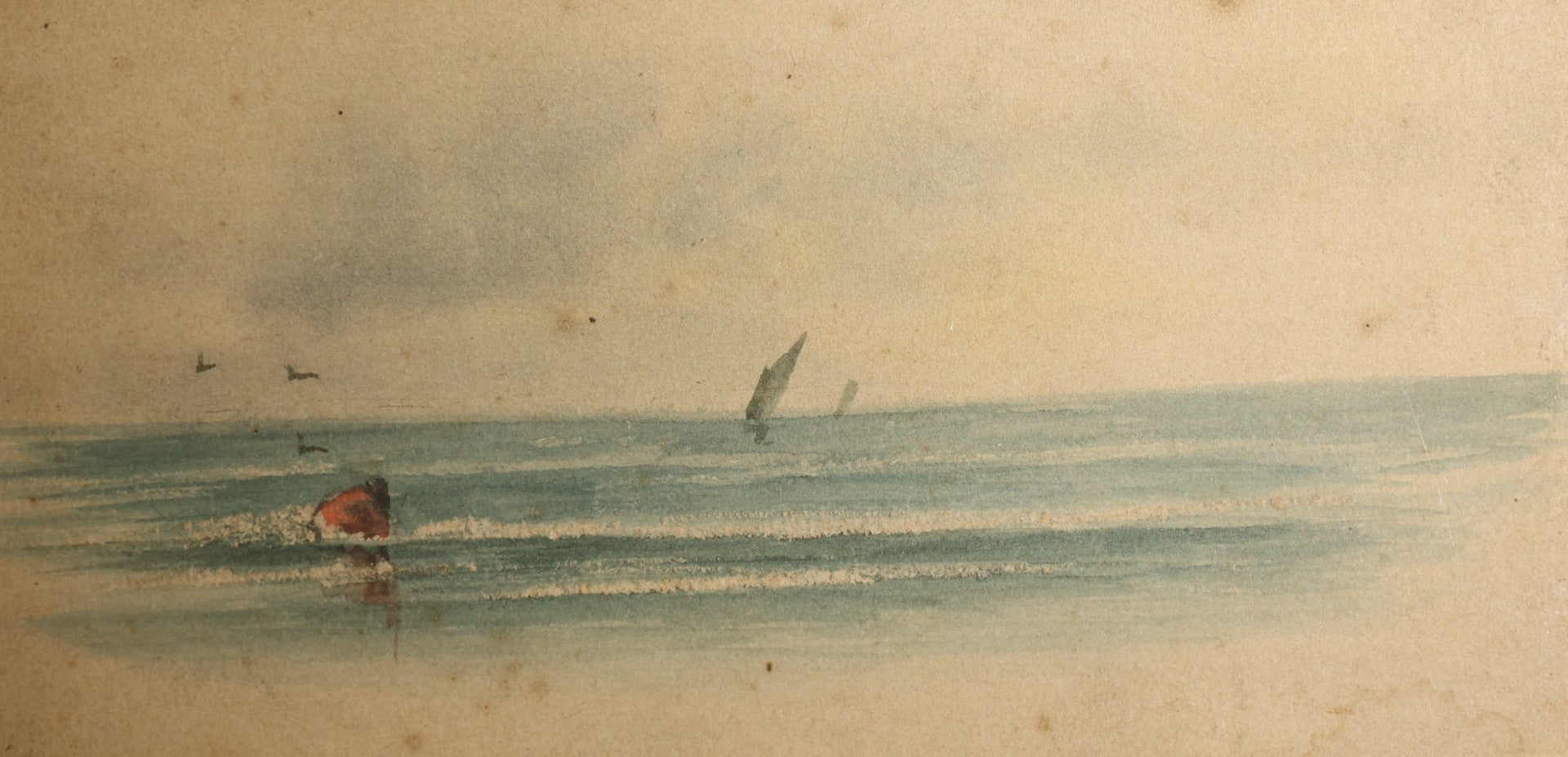 Antique Miniature Watercolor Painting on Paper, Coastal Seascape with Figures, Sailboat, and Shorebirds, in Gilt Easel Frame