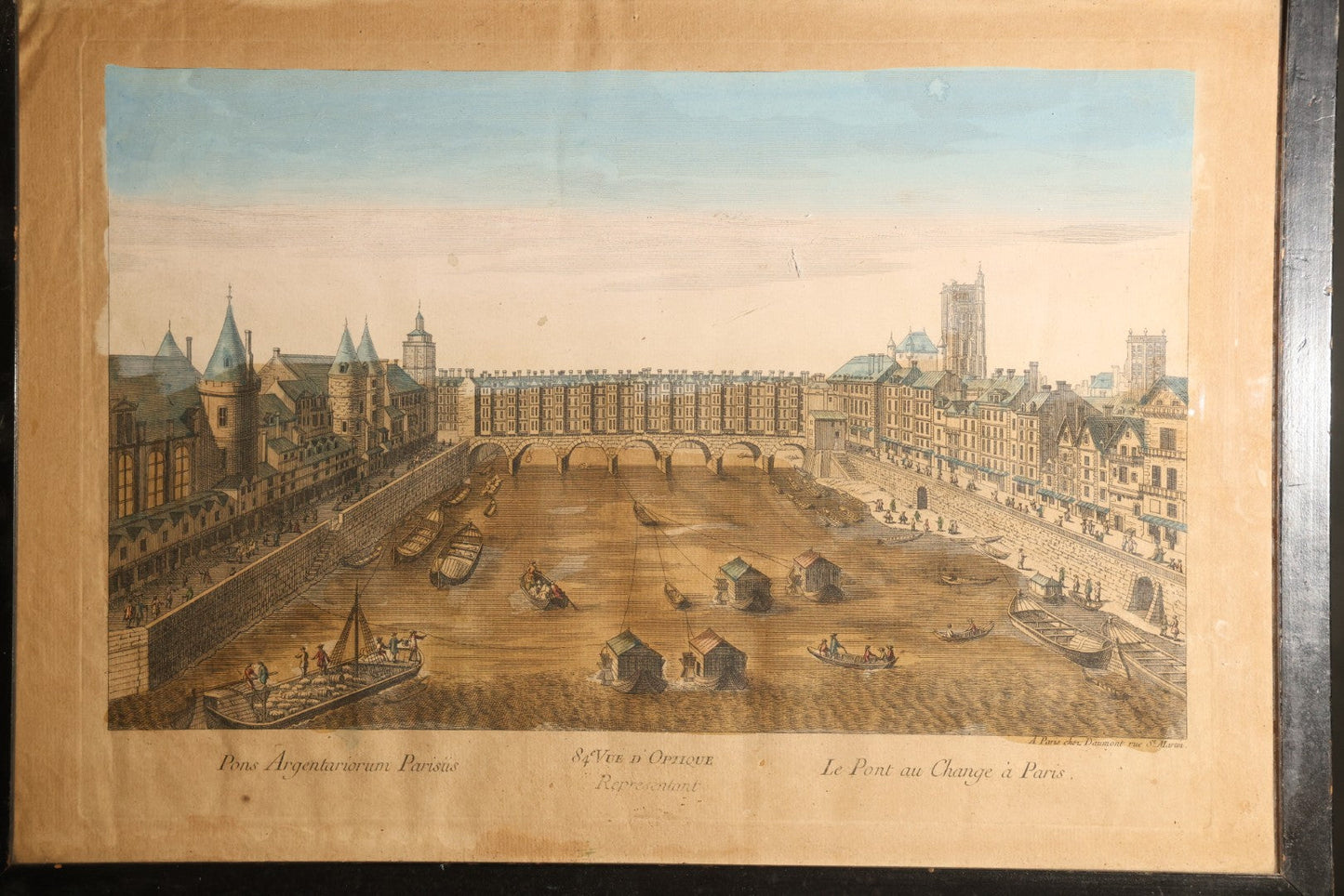 Antique Hand-Colored Engraving Print, Vue D'optique, "Le Pont Au Change a Paris" / "Pons Argentariorum Parisus" ("Bridge of the Money-Changers, Paris"), Published by Daumont, Paris, 18th Century, in Ebonized Frame
