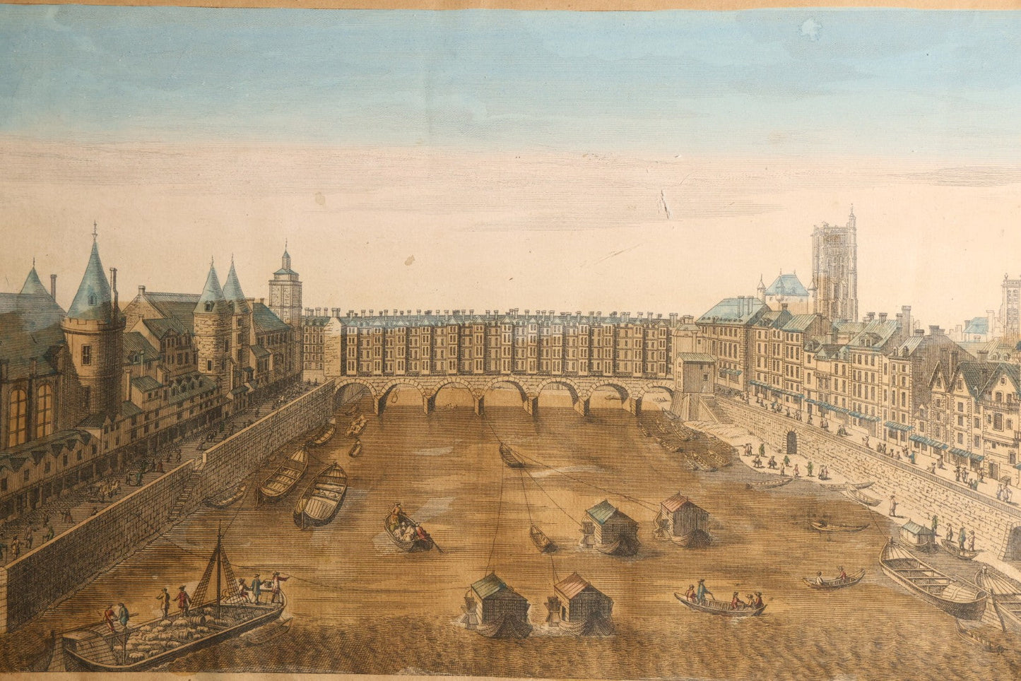 Antique Hand-Colored Engraving Print, Vue D'optique, "Le Pont Au Change a Paris" / "Pons Argentariorum Parisus" ("Bridge of the Money-Changers, Paris"), Published by Daumont, Paris, 18th Century, in Ebonized Frame
