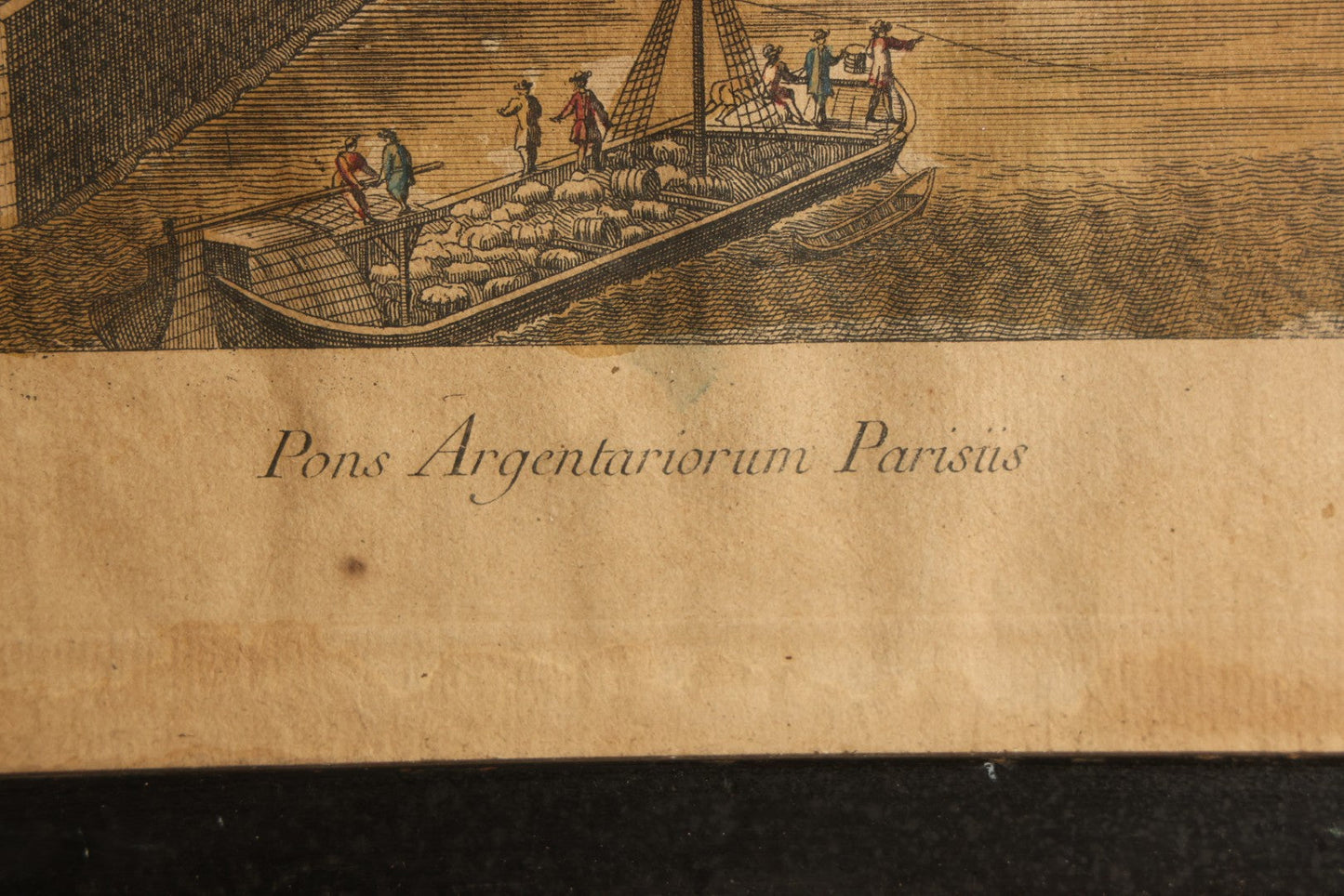 Antique Hand-Colored Engraving Print, Vue D'optique, "Le Pont Au Change a Paris" / "Pons Argentariorum Parisus" ("Bridge of the Money-Changers, Paris"), Published by Daumont, Paris, 18th Century, in Ebonized Frame