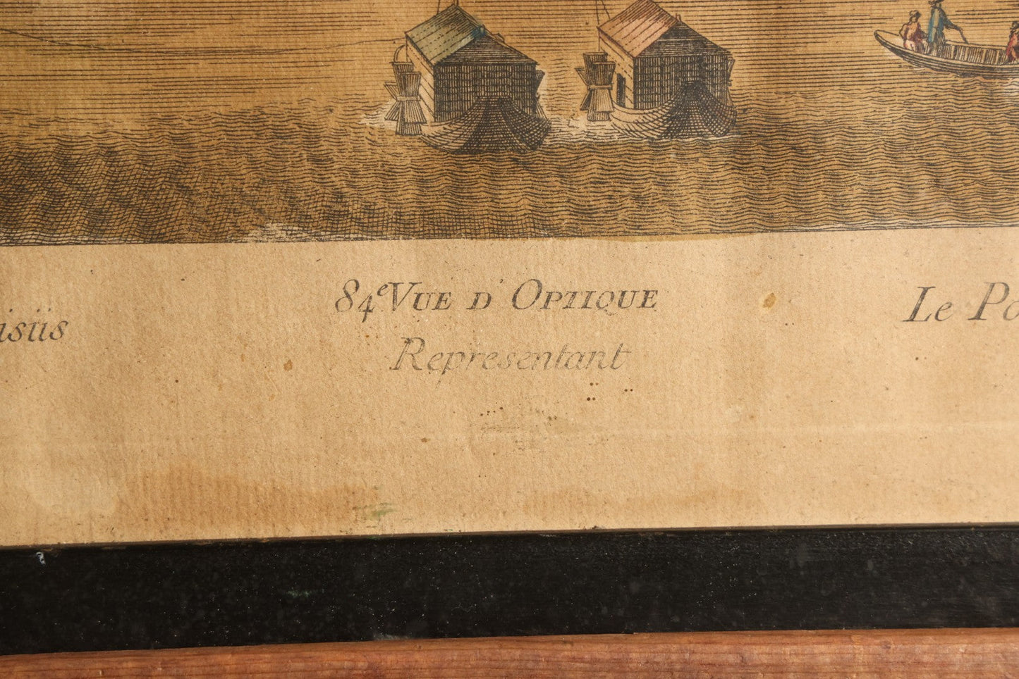 Antique Hand-Colored Engraving Print, Vue D'optique, "Le Pont Au Change a Paris" / "Pons Argentariorum Parisus" ("Bridge of the Money-Changers, Paris"), Published by Daumont, Paris, 18th Century, in Ebonized Frame