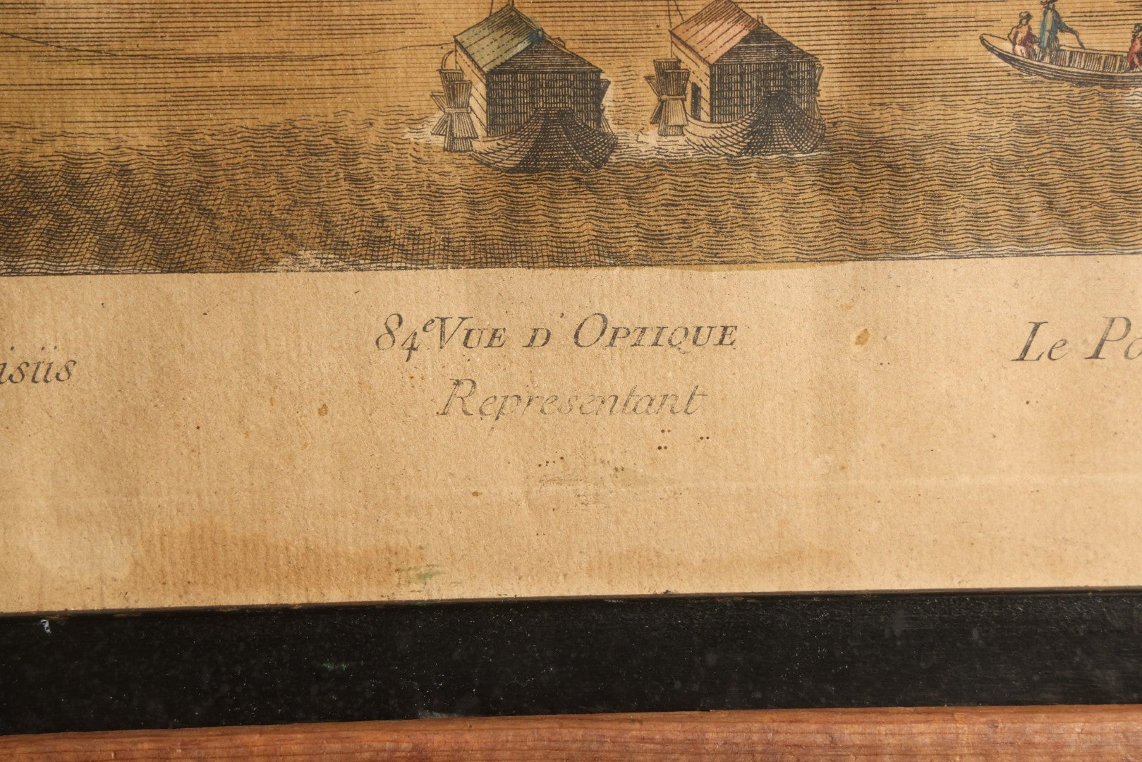 Antique Hand-Colored Engraving Print, Vue D'optique, "Le Pont Au Change a Paris" / "Pons Argentariorum Parisus" ("Bridge of the Money-Changers, Paris"), Published by Daumont, Paris, 18th Century, in Ebonized Frame