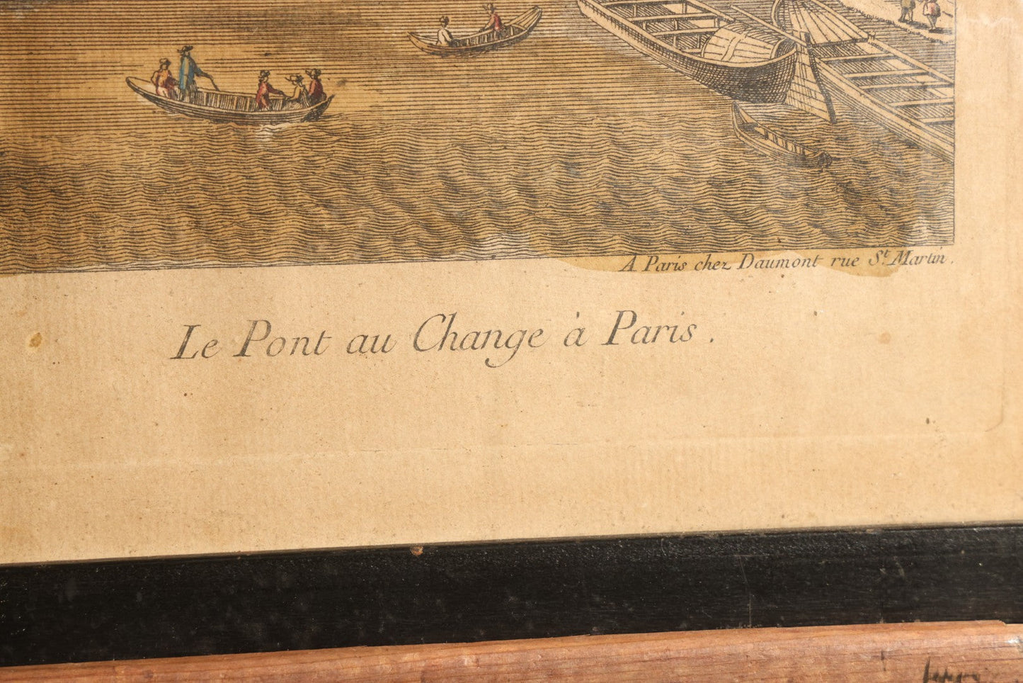 Antique Hand-Colored Engraving Print, Vue D'optique, "Le Pont Au Change a Paris" / "Pons Argentariorum Parisus" ("Bridge of the Money-Changers, Paris"), Published by Daumont, Paris, 18th Century, in Ebonized Frame