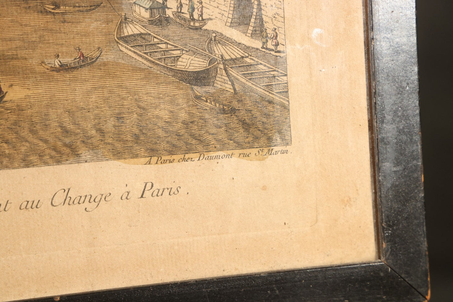 Antique Hand-Colored Engraving Print, Vue D'optique, "Le Pont Au Change a Paris" / "Pons Argentariorum Parisus" ("Bridge of the Money-Changers, Paris"), Published by Daumont, Paris, 18th Century, in Ebonized Frame