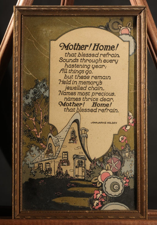Vintage Framed Motto Print, "Mother! Home!" Poem by John Jarvis Holden, Cottage and Floral Illustration, in Gilt Wood Frame