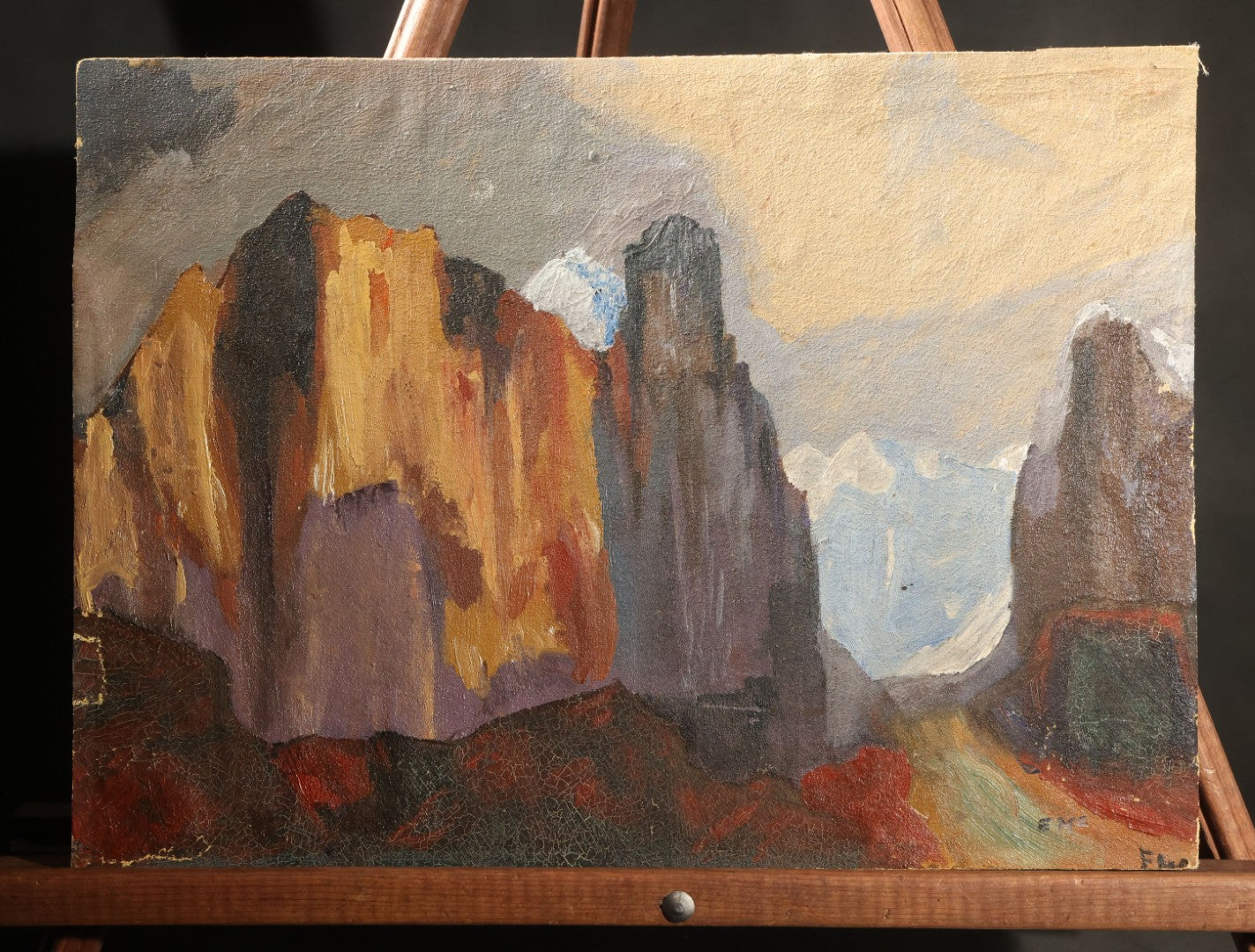 Vintage Oil Painting on Board, Southwestern Canyon Landscape, Initialed, Inscribed "Opus #1, 1948" On Verso, Unframed