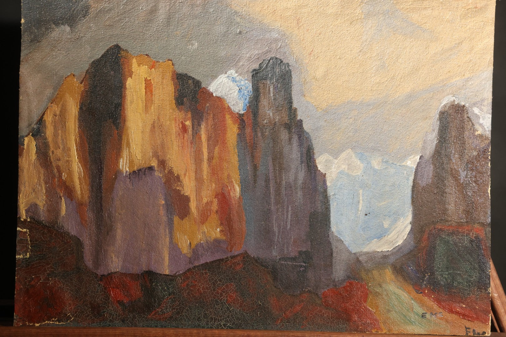 Vintage Oil Painting on Board, Southwestern Canyon Landscape, Initialed, Inscribed "Opus #1, 1948" On Verso, Unframed
