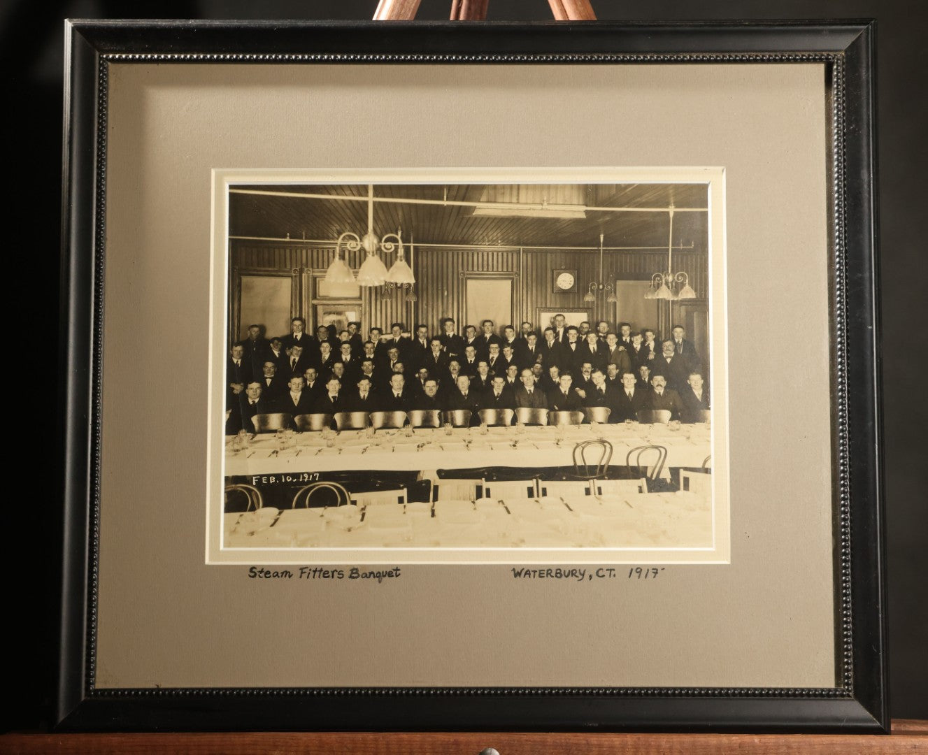 Antique Occupational Photograph, Steam Fitters Banquet, Waterbury, Connecticut, February 10, 1917, in Modern Frame