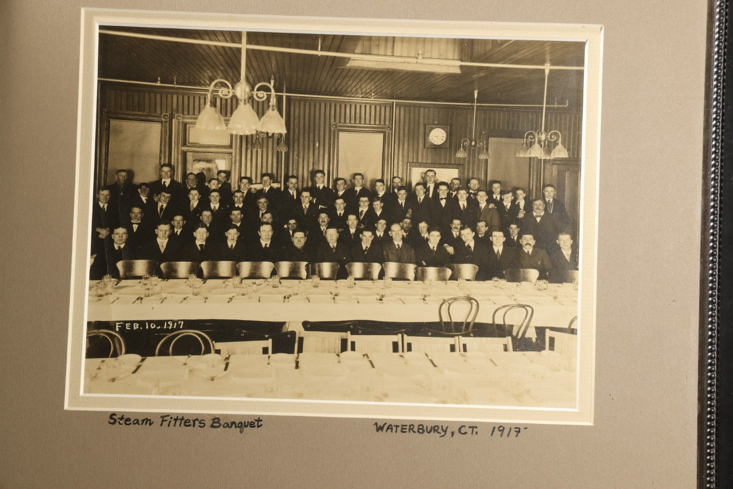 Antique Occupational Photograph, Steam Fitters Banquet, Waterbury, Connecticut, February 10, 1917, in Modern Frame