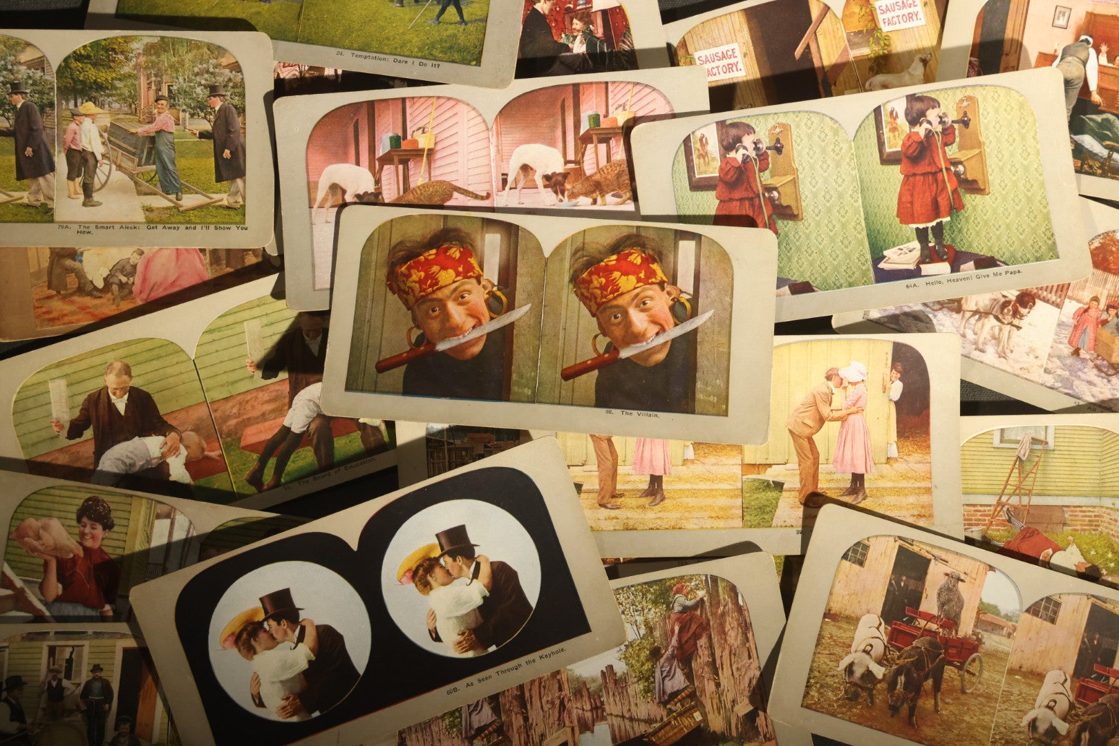 Grouping of 21 Antique Colorized Photographic Stereo View Cards, Comic and Genre Scenes