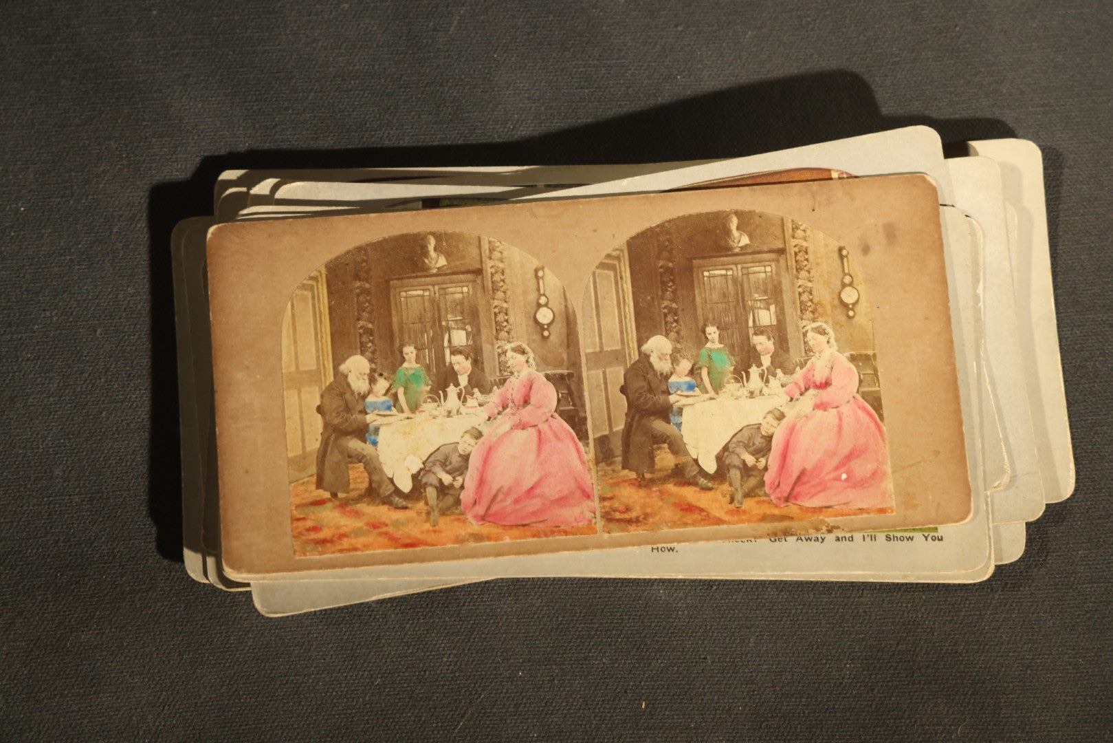 Grouping of 21 Antique Colorized Photographic Stereo View Cards, Comic and Genre Scenes