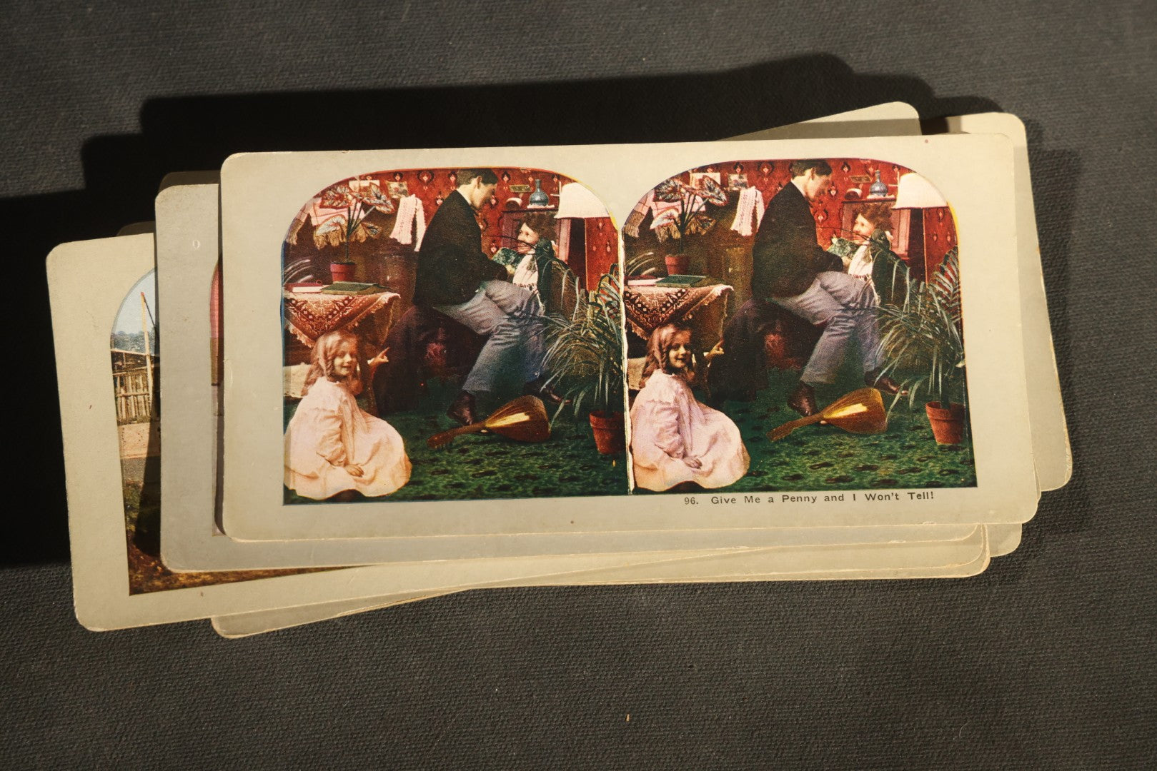 Grouping of 21 Antique Colorized Photographic Stereo View Cards, Comic and Genre Scenes