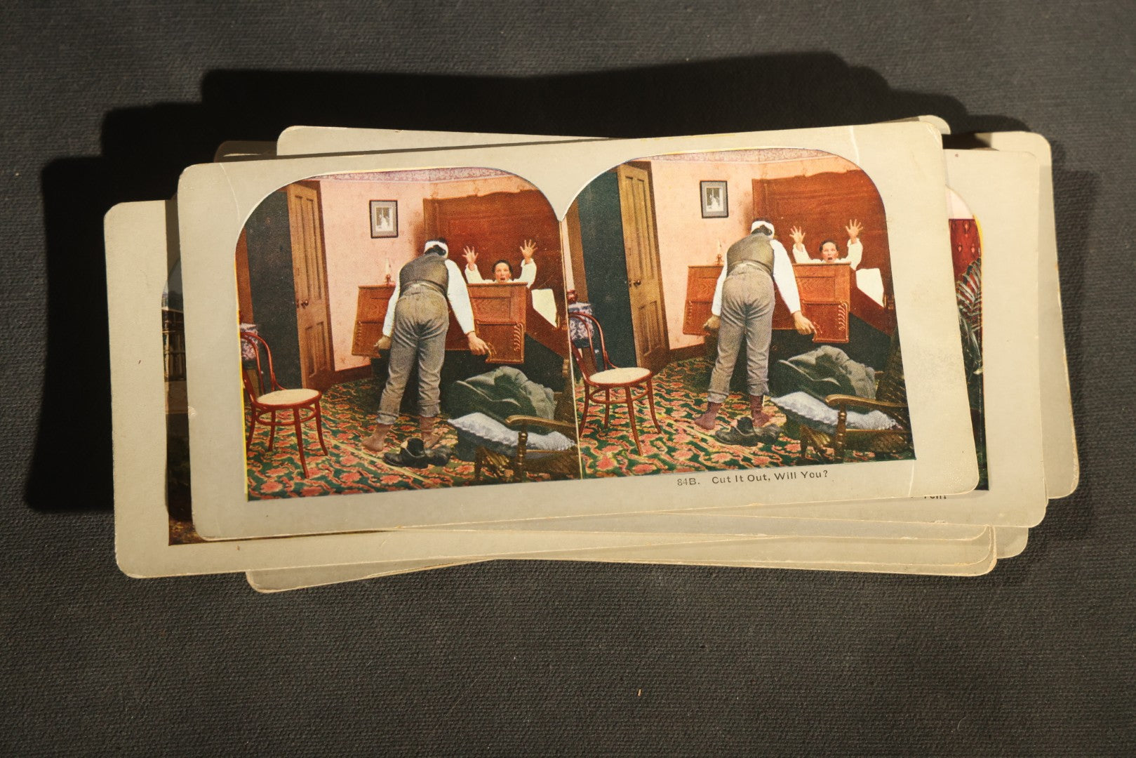 Grouping of 21 Antique Colorized Photographic Stereo View Cards, Comic and Genre Scenes
