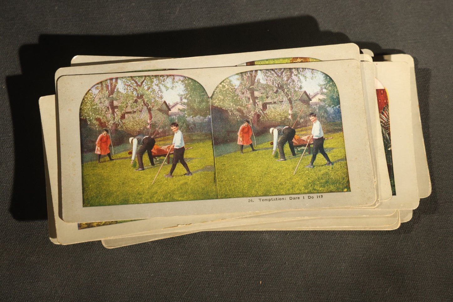 Grouping of 21 Antique Colorized Photographic Stereo View Cards, Comic and Genre Scenes