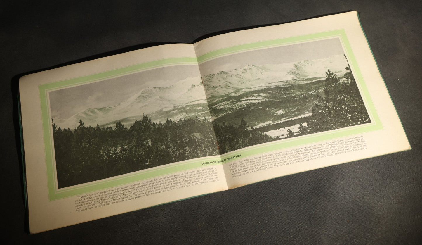 "Rocky Mountain Views on the Rio Grande, the Scenic Line of the World" Vintage Railroad Souvenir View Book, Denver & Rio Grande Western Railroad, Copyright 1943, Published by the Interstate Co., Chicago, Illinois