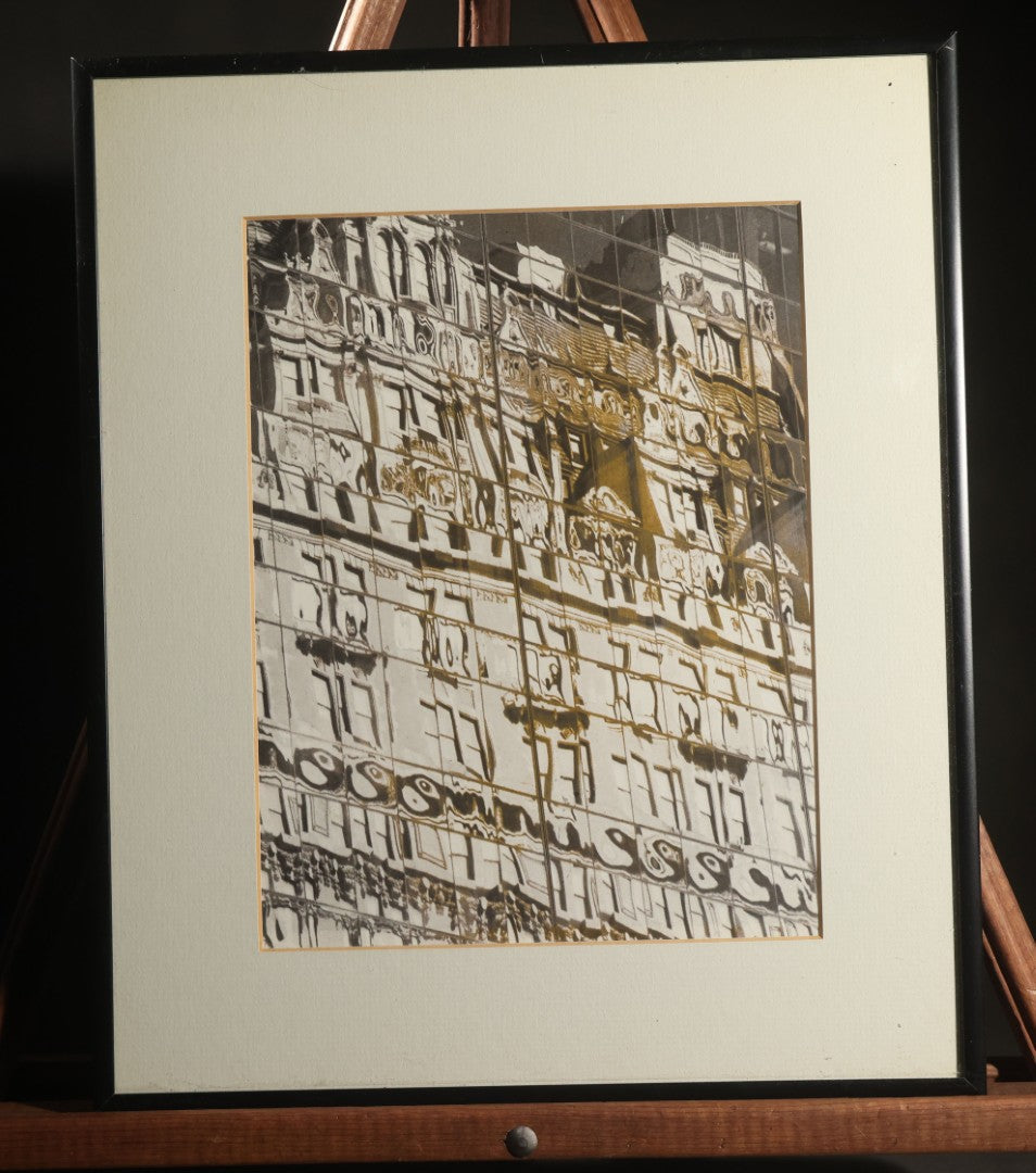 Vintage Framed Photographic Print, Architectural Reflection Study, Ornate Building Facade Reflected in Glass, in Black Frame