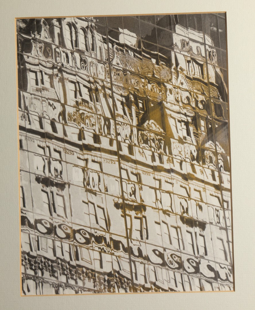 Vintage Framed Photographic Print, Architectural Reflection Study, Ornate Building Facade Reflected in Glass, in Black Frame